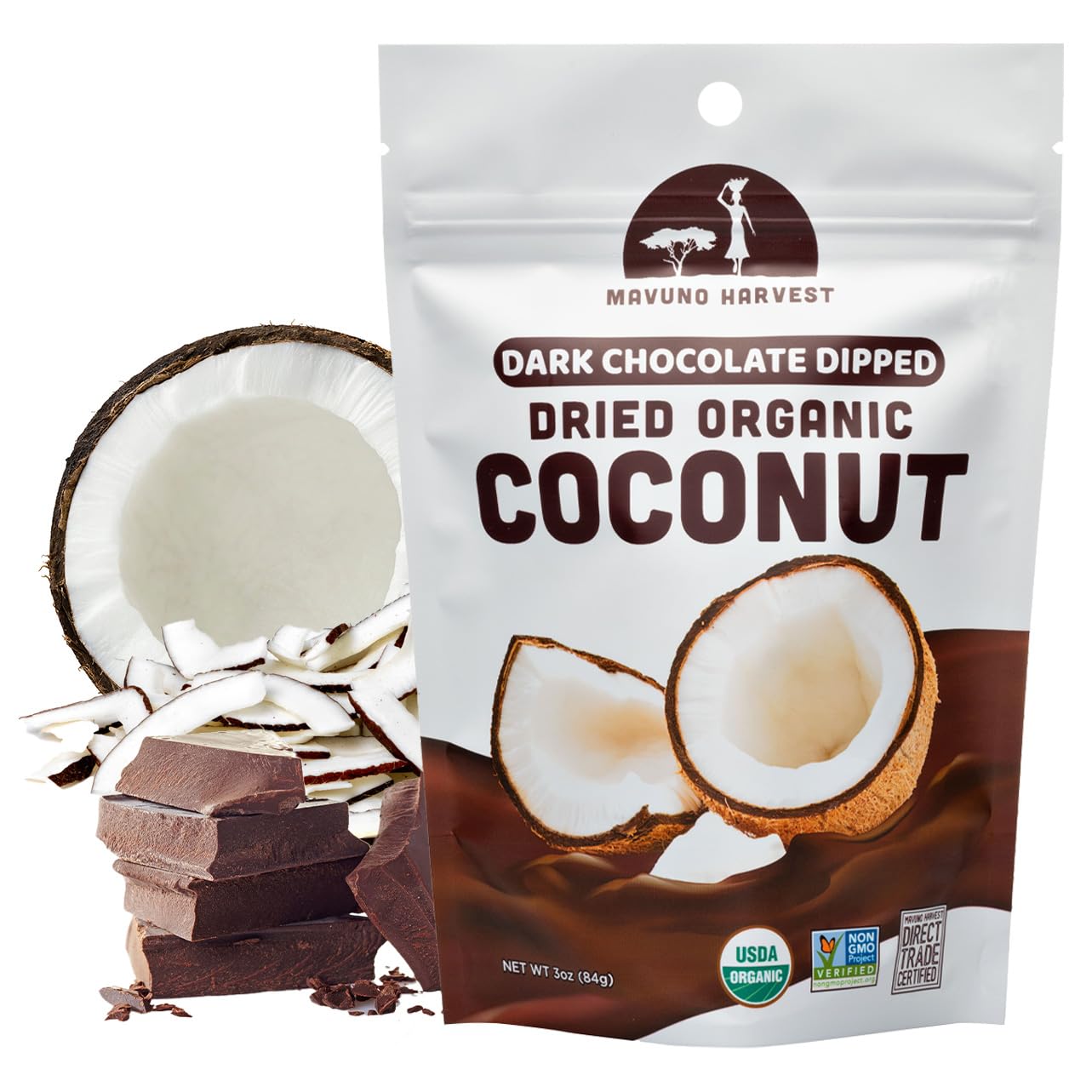 Organic Dark Chocolate Covered Coconut Chips - Non-GMO, Vegan, Fair Trade Healthy Snack - 1lb Bag of Premium Dried Coconut Dipped in Rich Chocolate - Perfect for Baking, Gift Baskets & On-the-Go Energy Boost
