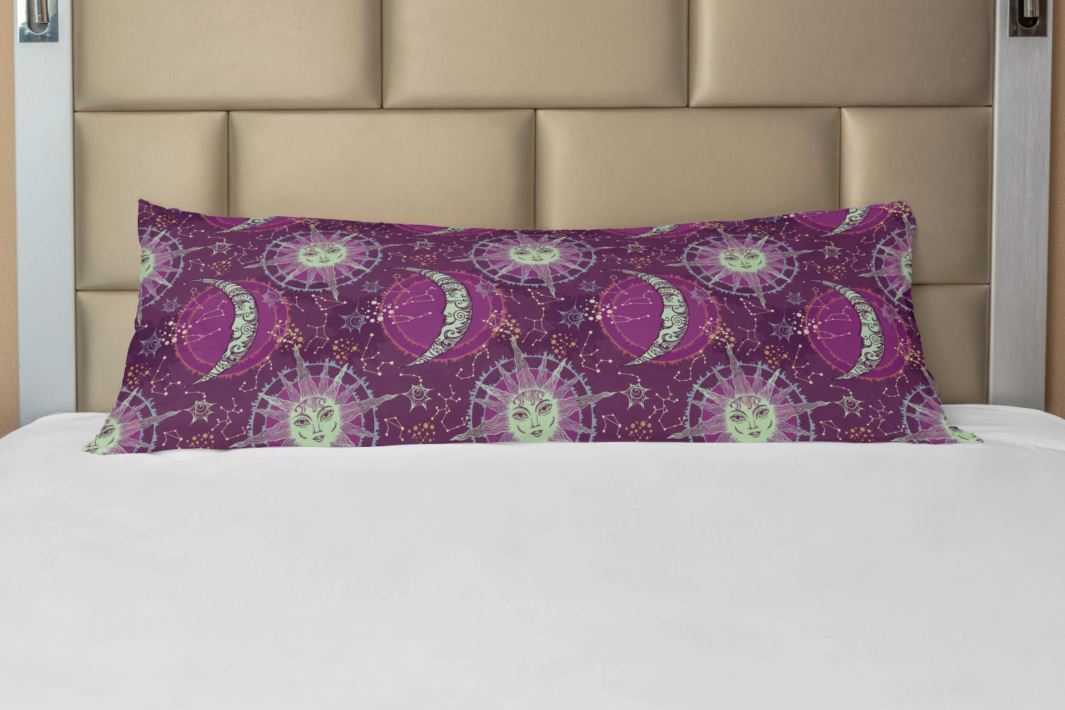 Lunarable Sun and Moon Zippered Body Pillow Cover - Celestial Constellation Design on Purple Backdrop, 21x54 Inch Decorative Pillowcase (Purple Seafoam) for Bedroom Decor, Anime Cosplay & Home Accent