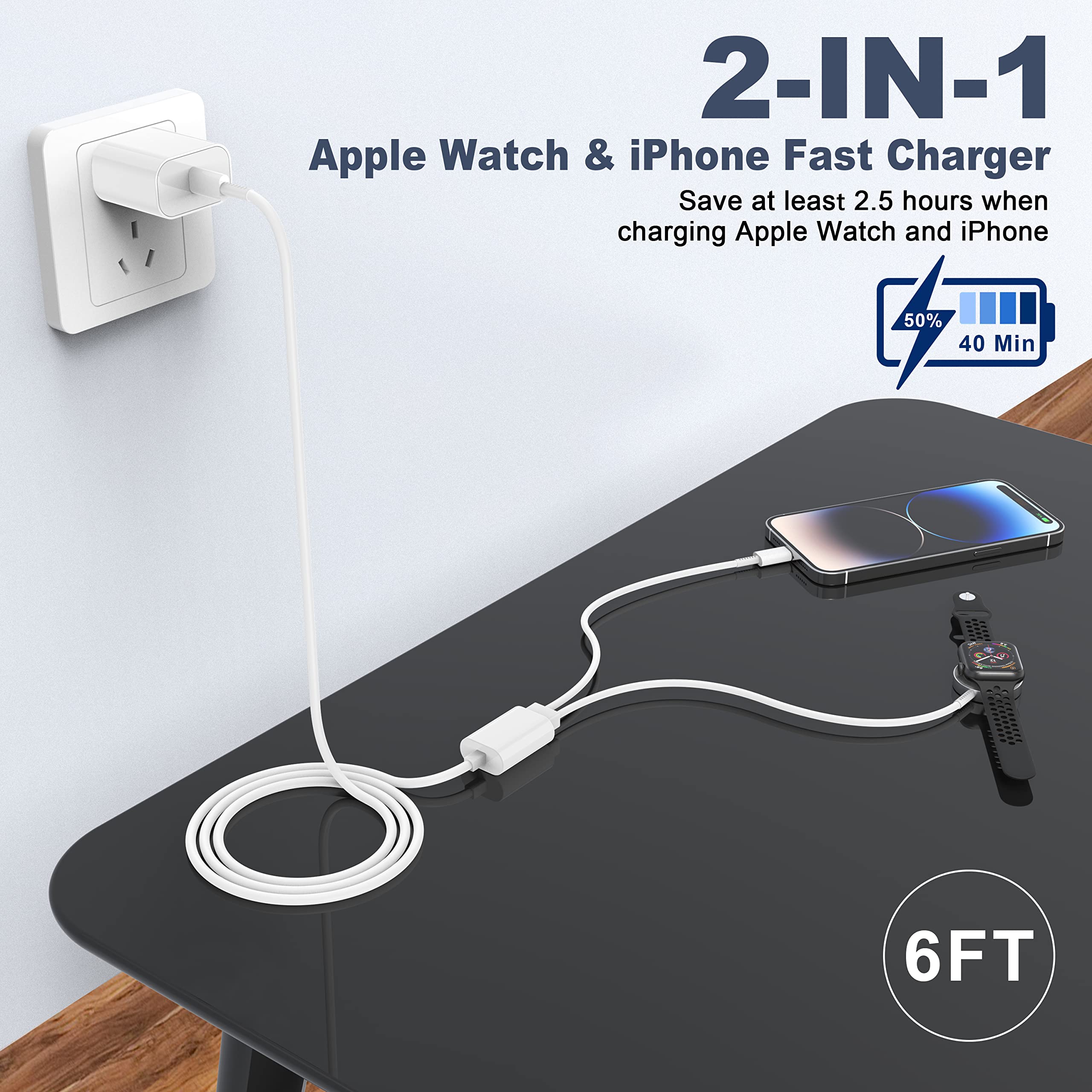 2-in-1 USB C Fast Charger for Apple Watch & iPhone - 6FT Charging Cable with 20W Wall Adapter - Compatible with Apple Watch Series 8/7/6/5/SE & iPhone 14/13/12/AirPods - Perfect for Travel, Office & Home Charging