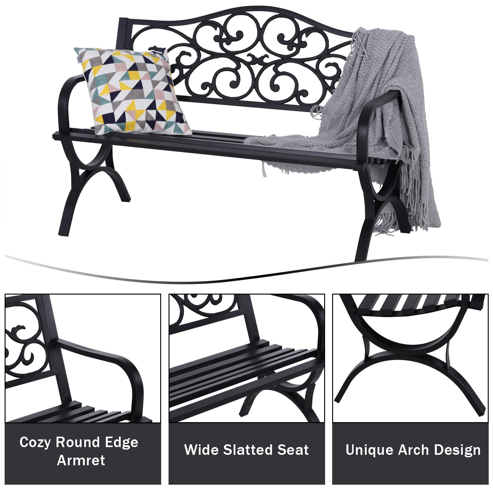 MFSTUDIO 50 Inch Outdoor Garden Bench - Heavy Duty Cast Iron Metal Patio Bench with Floral Pattern Backrest & Arch Legs - Perfect for Porch, Lawn, Garden, Yard, Park (Black) | Durable Outdoor Seating for Relaxing in Your Backyard or Public Spaces
