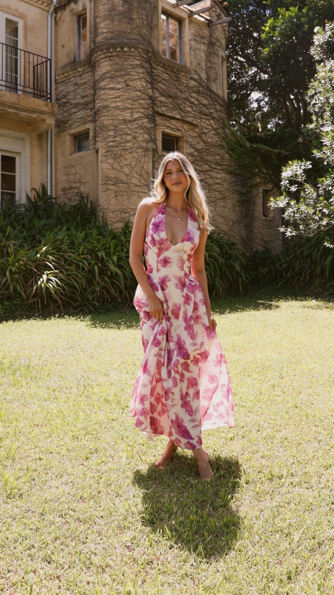 Bryony Halter Neck Maxi Dress - Floral Summer Dress for Women, Pink Floral Print, Boho Beach Dress for Vacation, Party & Wedding Guest Outfit