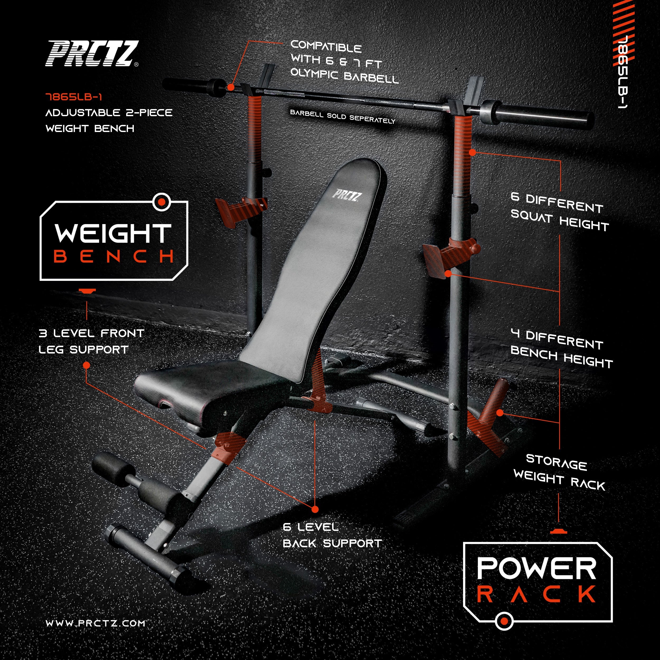 PRCTZ SP3 Home Gym Bundle – Olympic Weight Bench with Squat Rack, 6ft Modular Barbell, 10-30lb Quick Select Adjustable Dumbbells & Resistance Bands – Perfect for Full-Body Workouts at Home