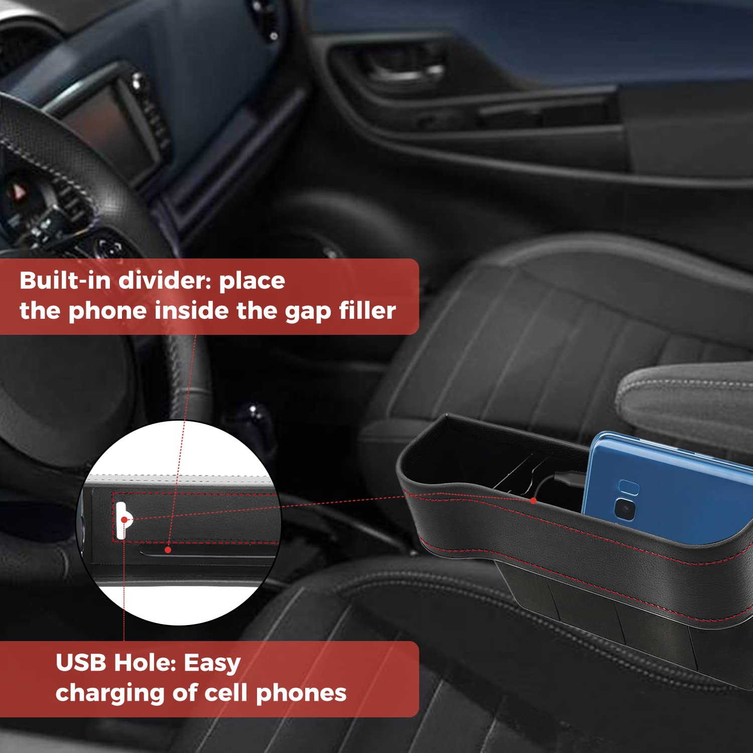 Alpha Rider Car Seat Organizer with Cup Holder - 2PCS Black PU Leather Front Seat Gap Filler & Console Side Storage Box for Phone, Wallet, Keys, Cards - Perfect for Road Trips, Commuting & Family Travel Accessories