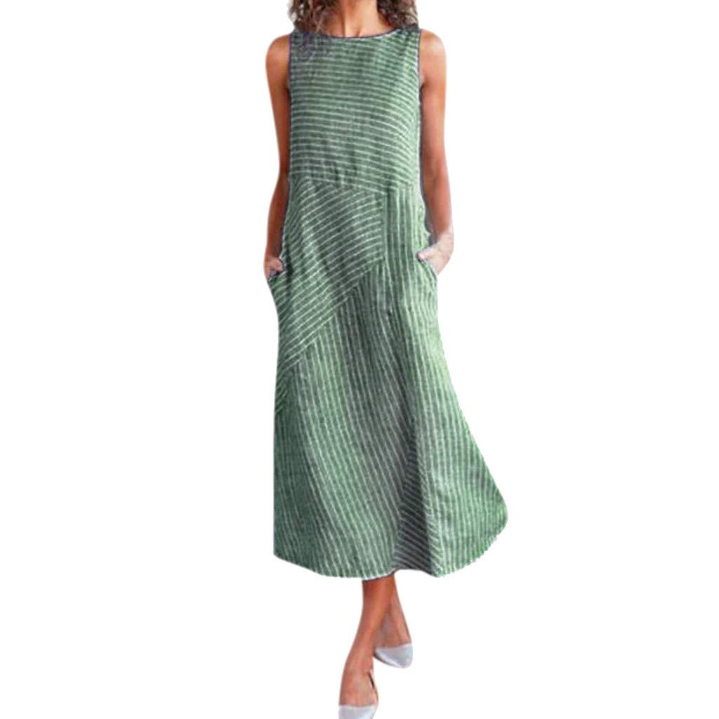 Women's Striped Sleeveless Linen T-Shirt Dress with Neck Pocket - Casual Long Round Dress for Summer Outings, Beach Wear & Everyday Comfort