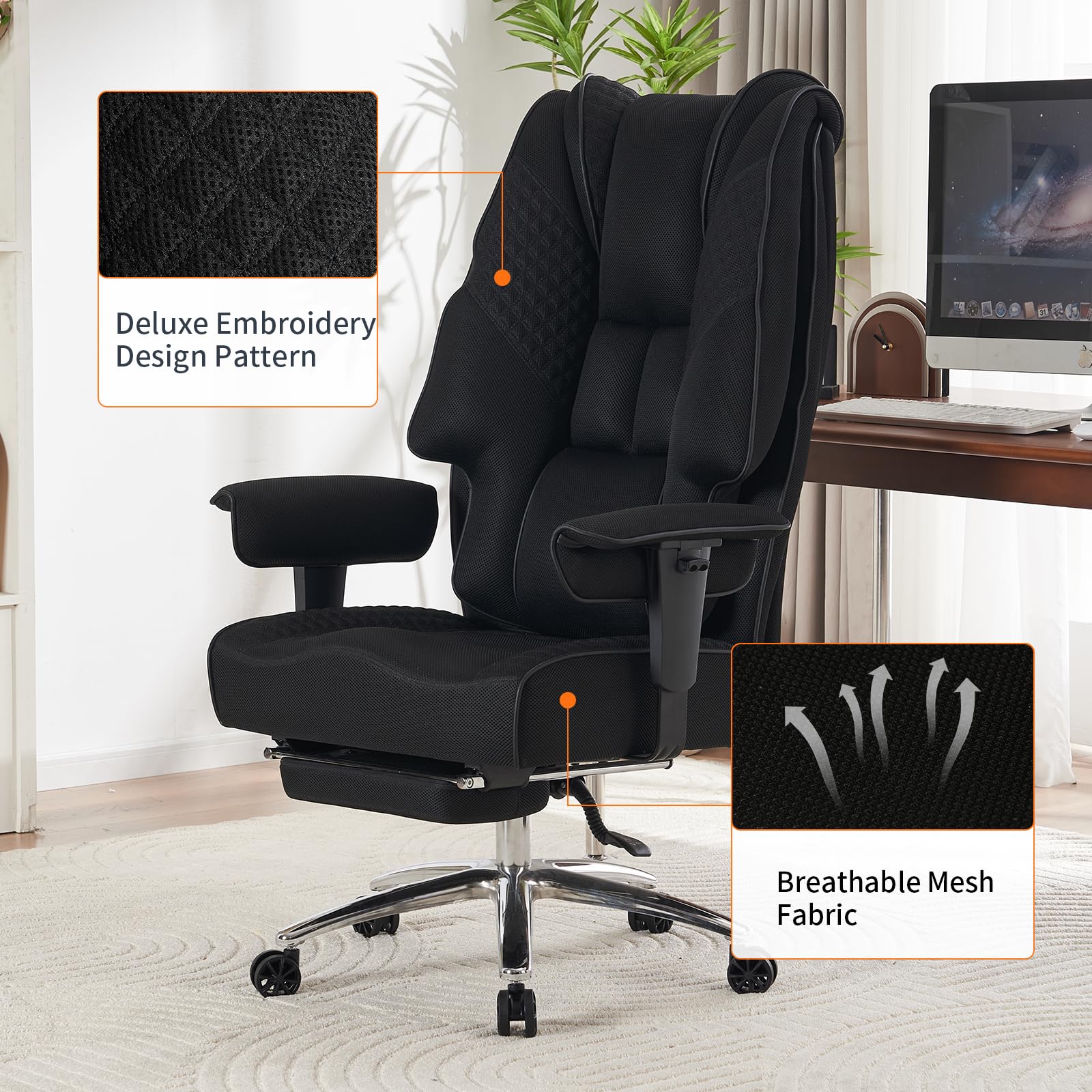 Big and Tall Office Chair 400lbs Capacity - Wide Seat Ergonomic Executive Chair with High Back Mesh, Lumbar Support & Footrest - Comfortable for Back Pain Relief (Mesh Black) - Perfect for Home Office, Gaming, and Long Work Sessions