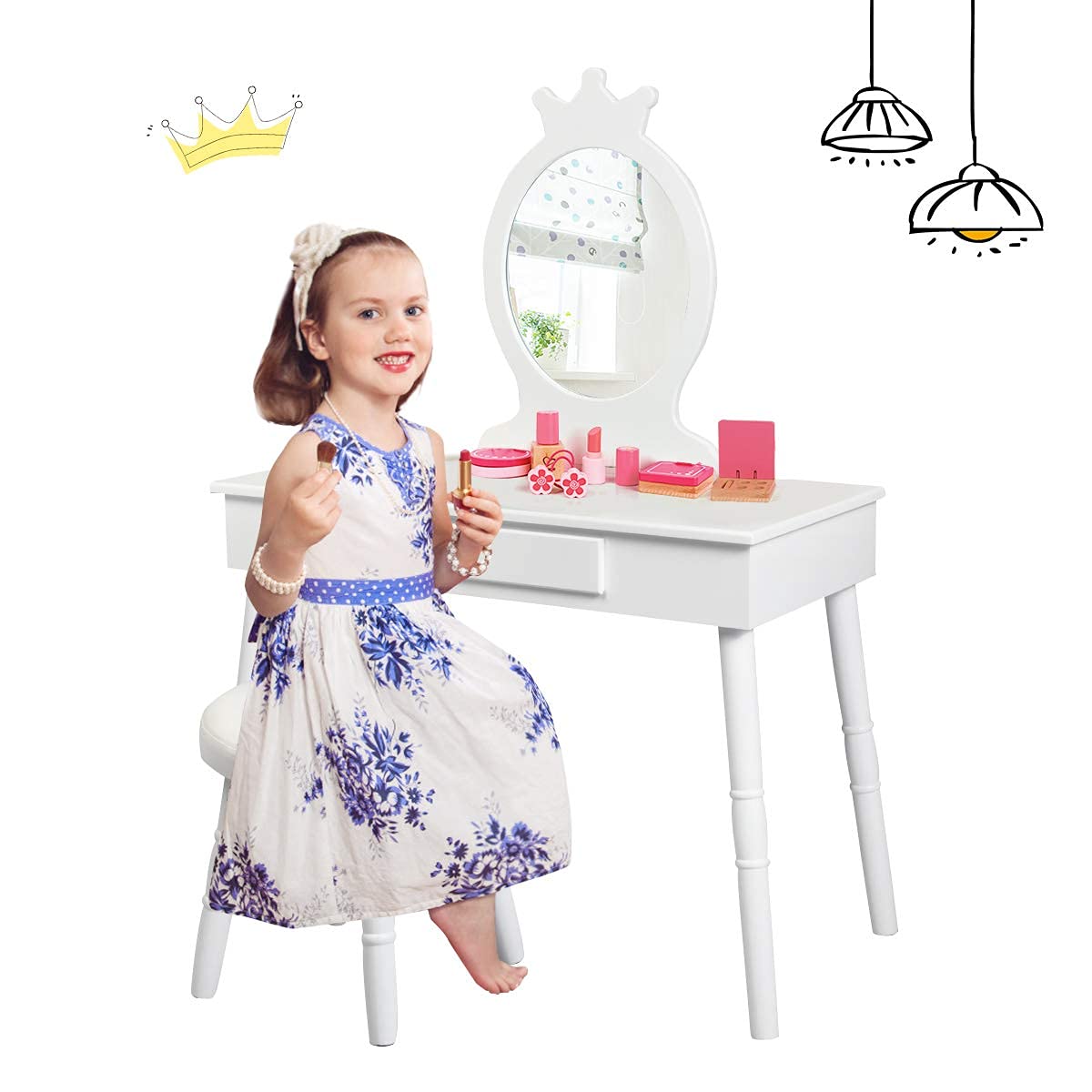INFANS Wooden Kids Vanity Dressing Table & Stool Set with Real Mirror - Princess Pretend Play Makeup Dresser with Drawer for Little Girls - Perfect for Birthday Gifts, Bedroom Decor & Role Play Activities