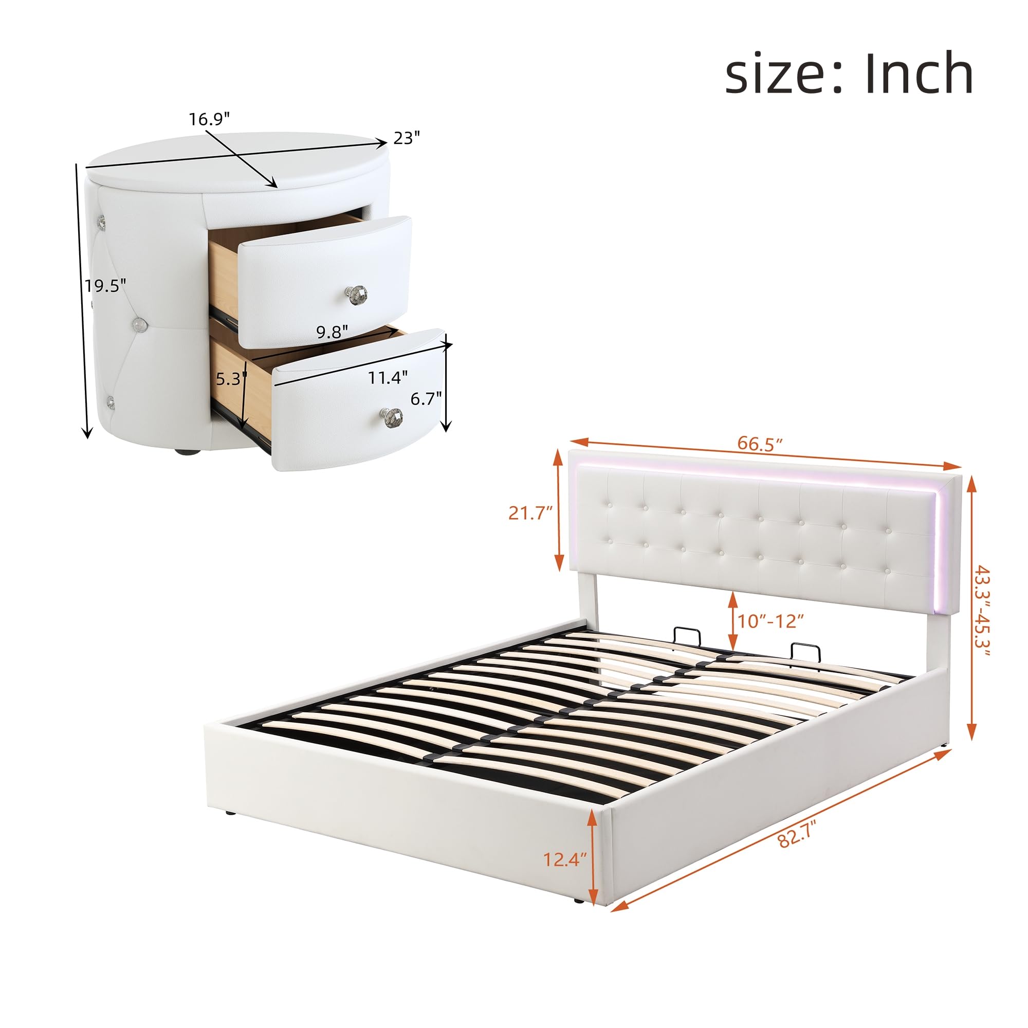 3-Piece Queen Size Bedroom Set - Upholstered Platform Bed with Hydraulic Storage & Adjustable Headboard, 2 Crystal Nightstands | Modern Bedroom Furniture for Small Spaces & Guest Rooms (White)