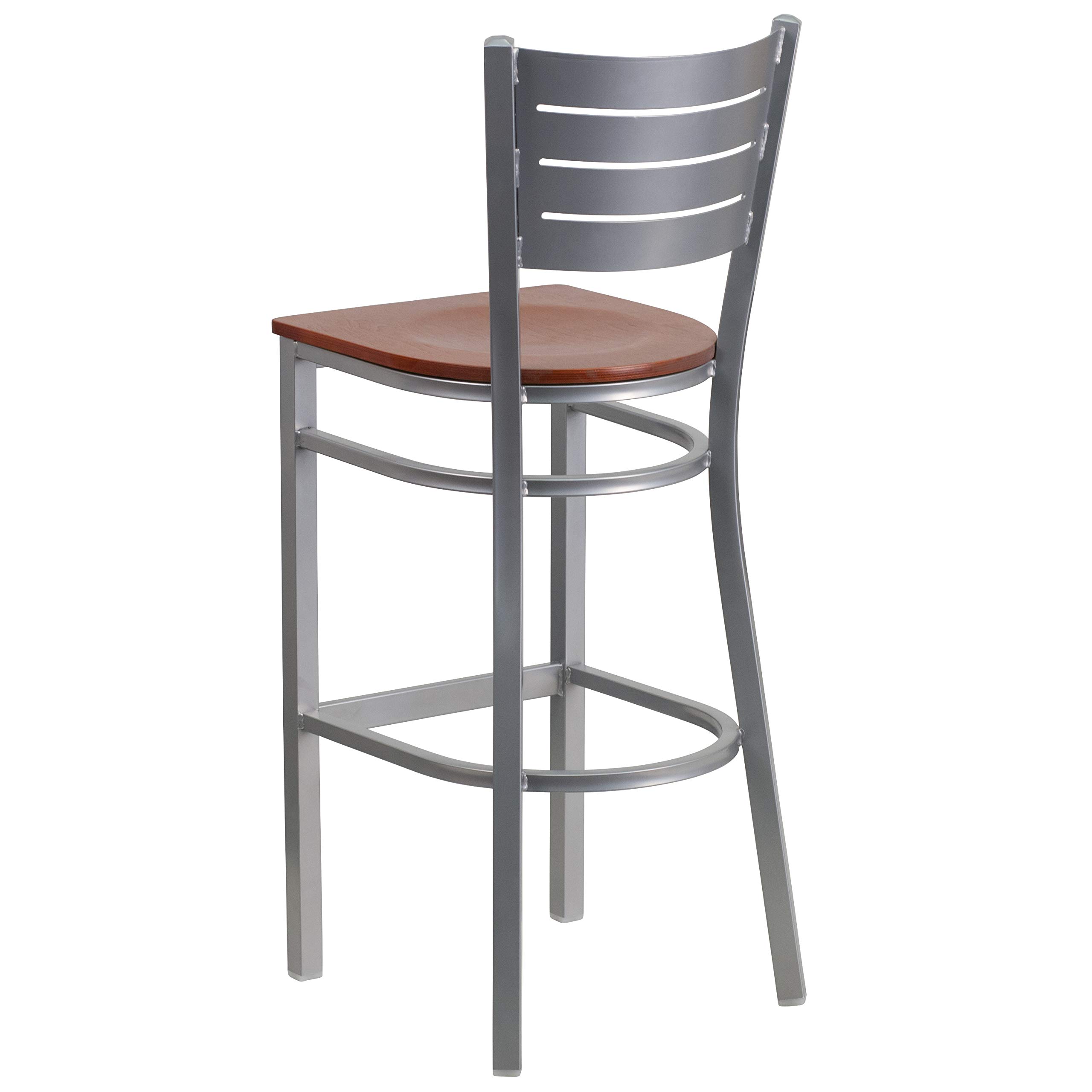2 Pack Silver Metal Bar Stools with Cherry Wood Seat - Industrial Style Counter Height Stools for Kitchen Island, Bar, Restaurant & Home Decor
