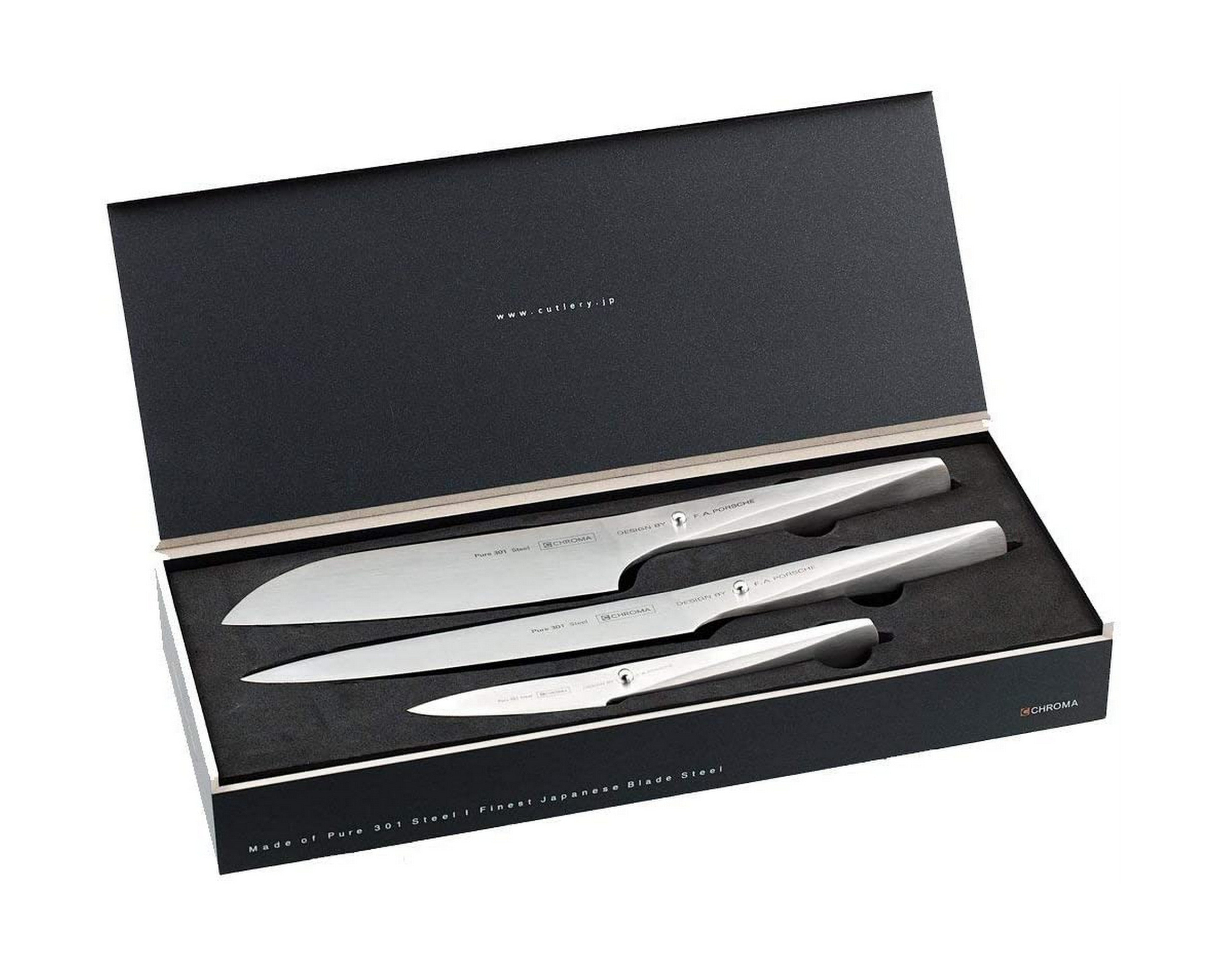 Premium Chroma 3-Piece Stainless Steel Knife Set - Chef, Paring & Utility Knives for Professional Cooking & Home Kitchen Use