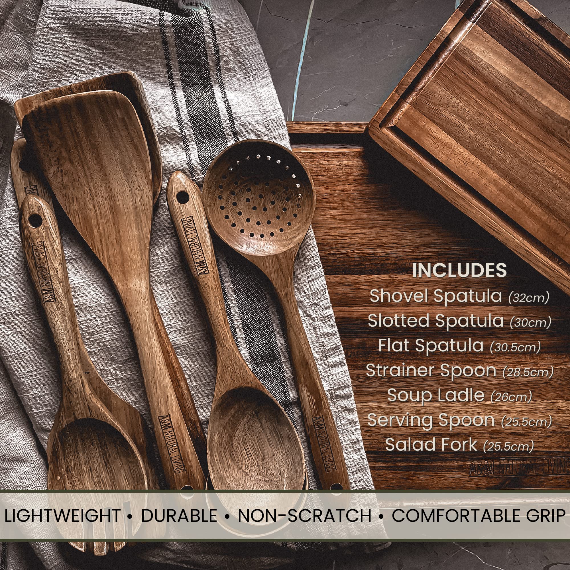 **A&M 7-Piece Natural Wooden Kitchen Utensil Set - Wooden Spoons, Serving Spoon & Spatula for Cooking, Baking & Serving - Eco-Friendly Non-Stick Cookware Accessories (Perfect for Home Kitchen, Camping & Gifting)**