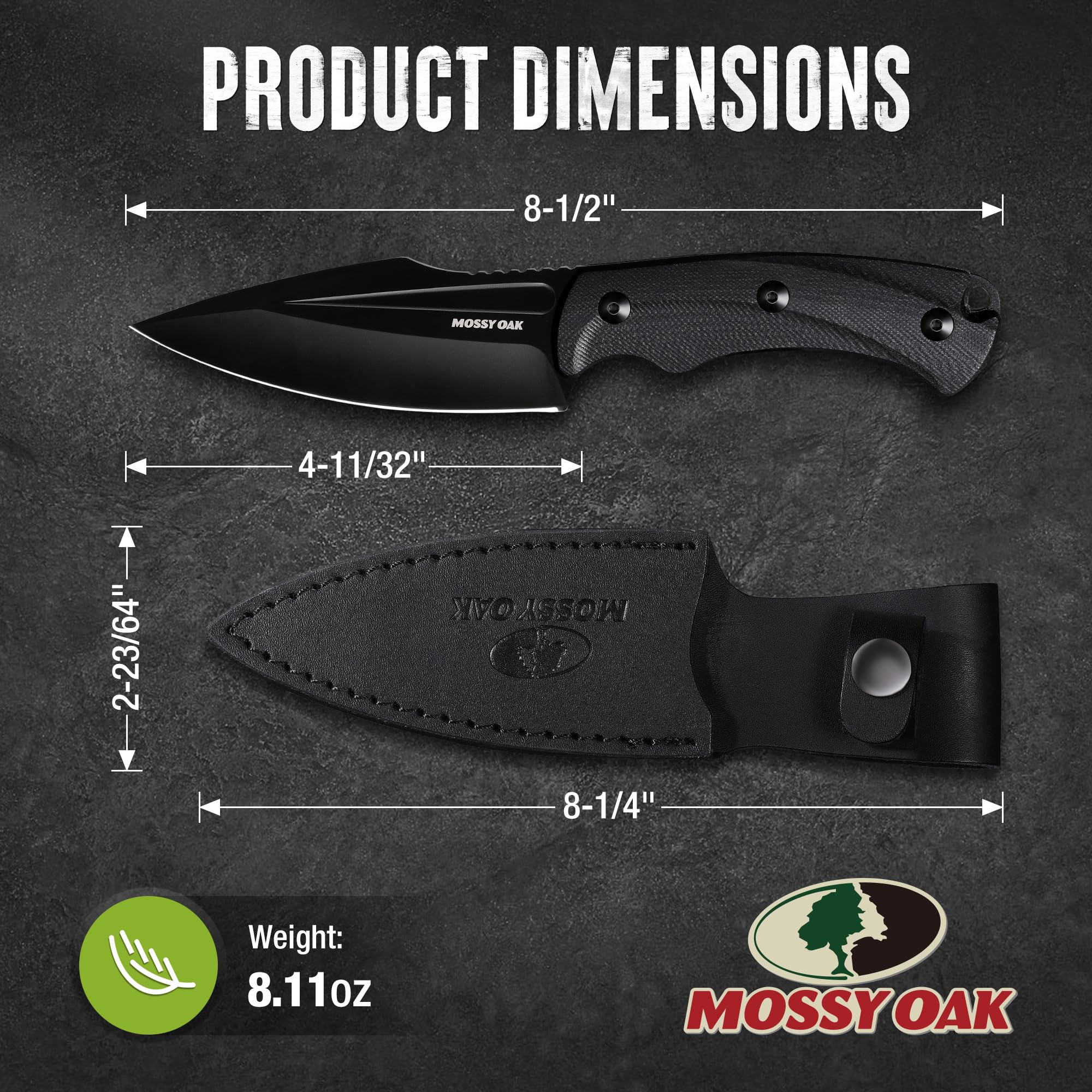 MOSSY OAK Hunting Knife with Sheath - 8.5 Inch Full Tang Fixed Blade Outdoor Survival Knife for Camping, Hiking & Bushcraft | Durable G10 Handle (Black) | Perfect for Wilderness Adventures & Outdoor Activities