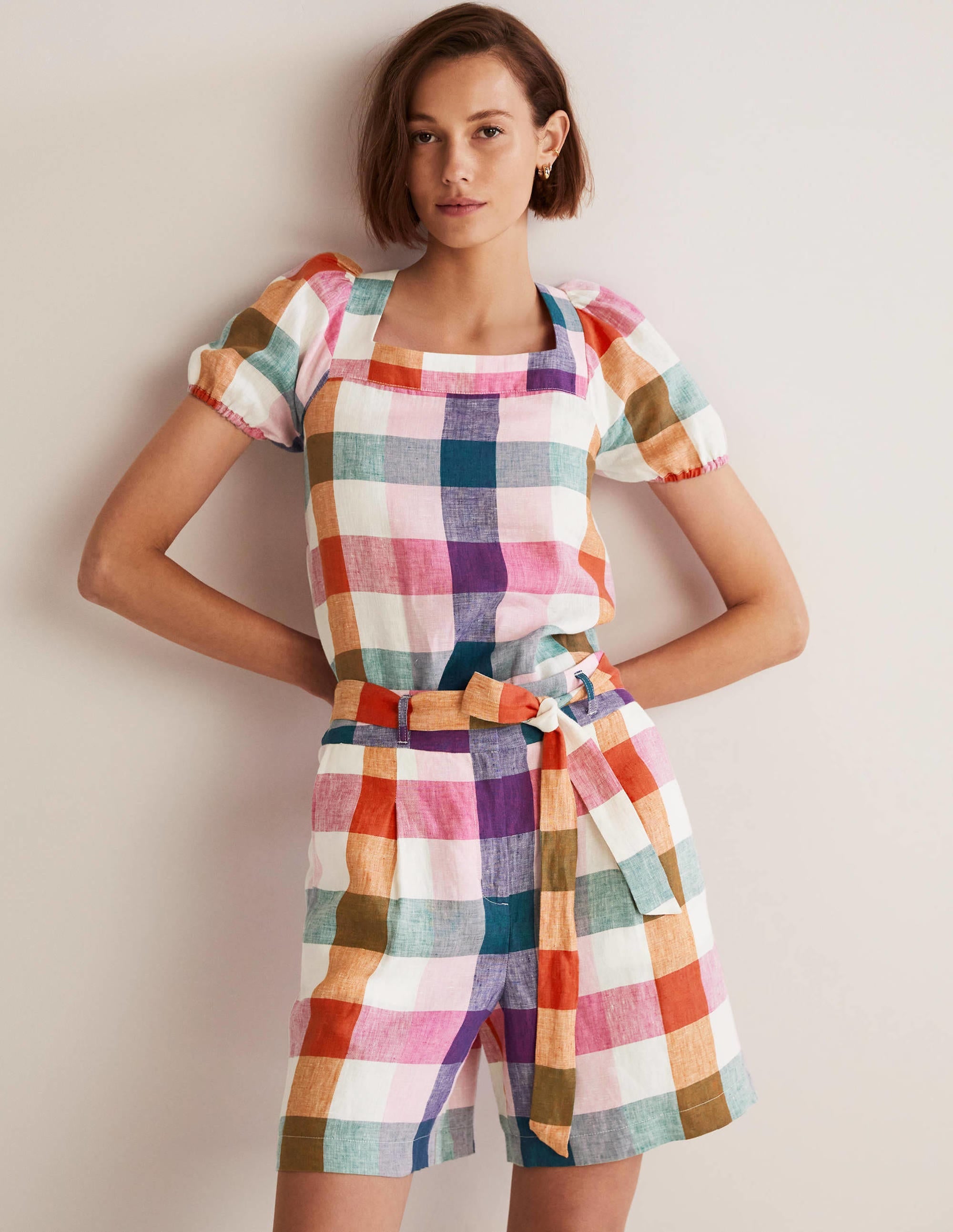 Alma Tie Waist Linen Shorts for Women - Bonbon Pink & Flambe Check Pattern | Casual Summer Outfits, Beach Vacations & Weekend Wear