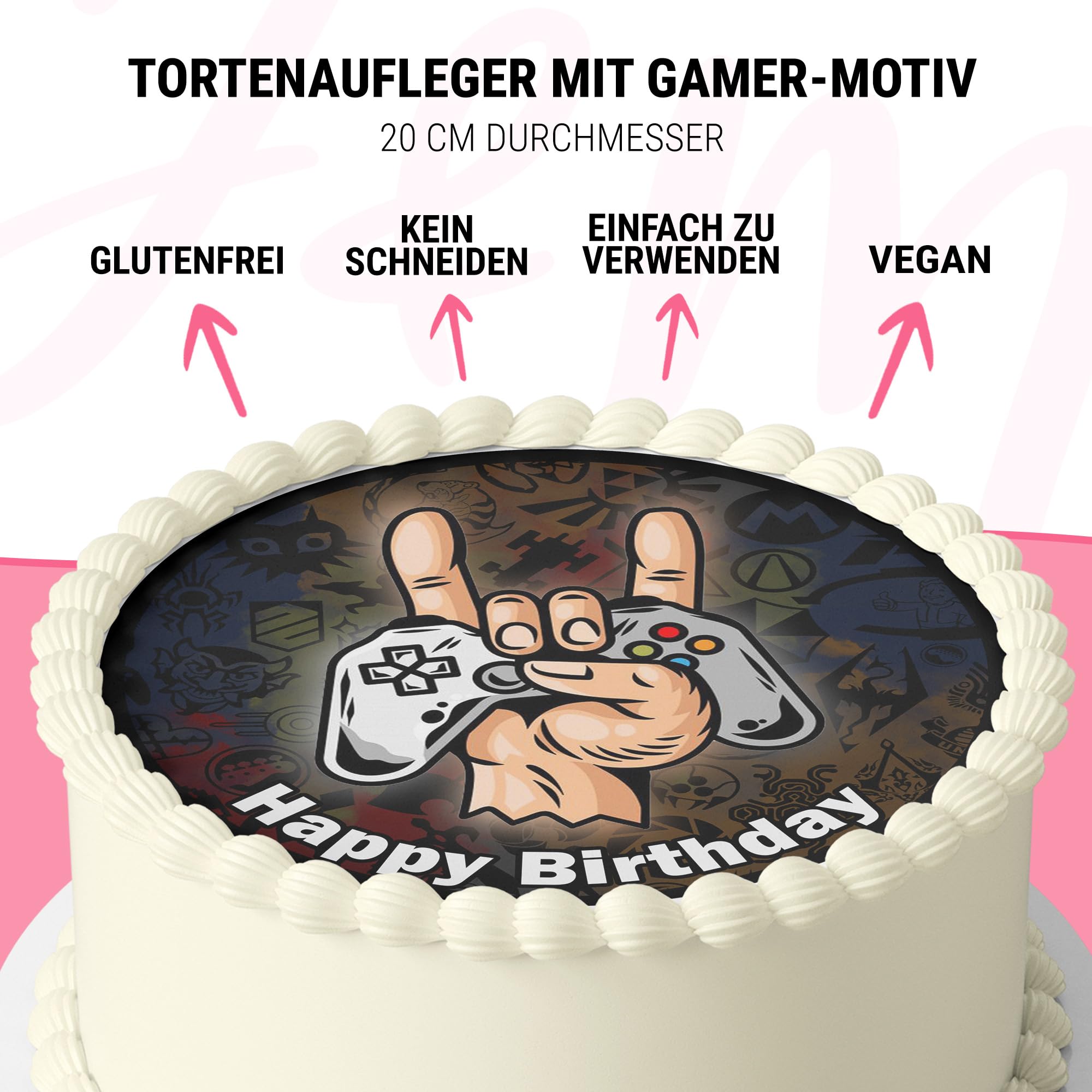 Edible Cake Toppers for Birthday - 20cm Round Gamer Theme Fondant Cake Decorations - Perfect for Gaming Birthday Parties, Gamer Cakes & Fondant Dessert Decorations