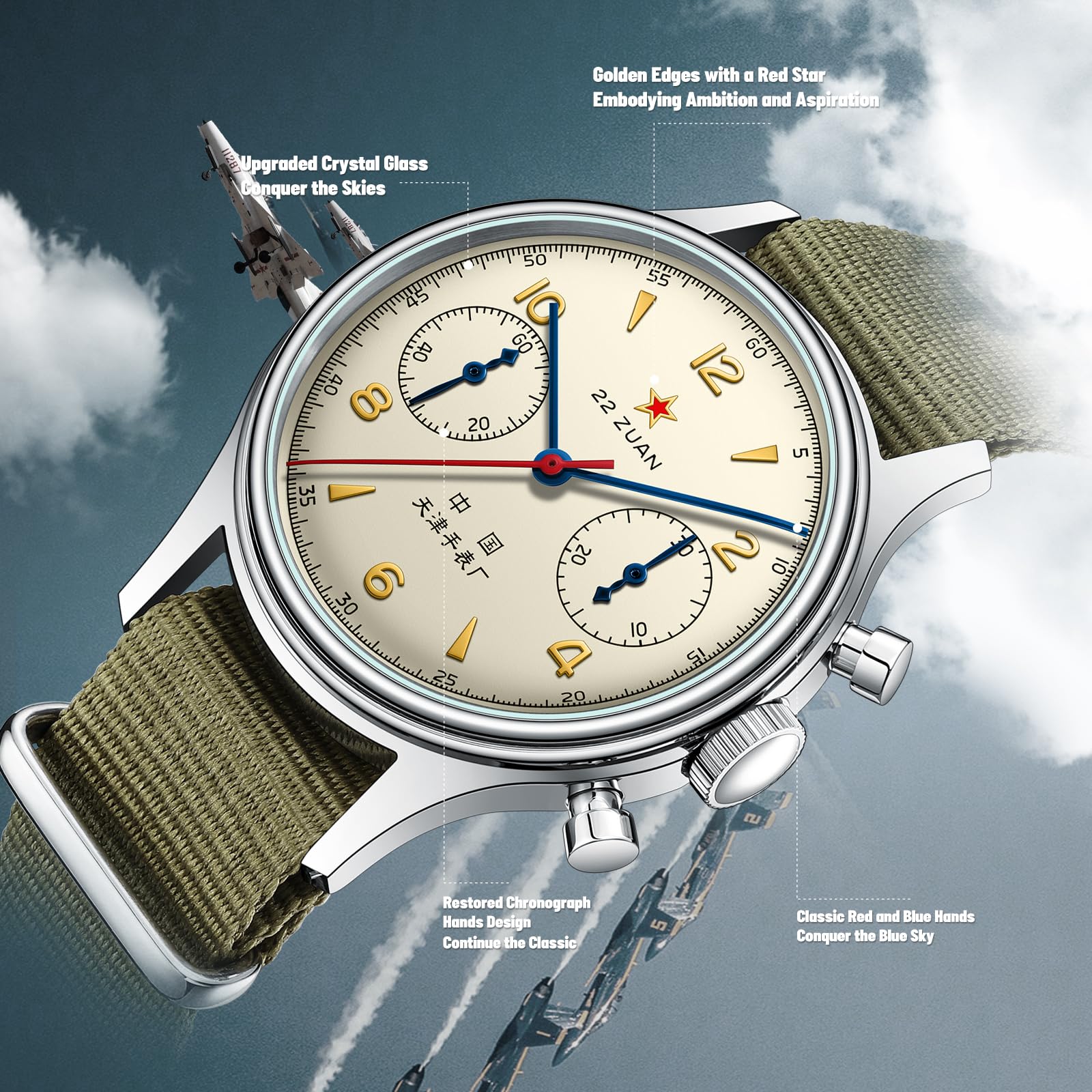 Seagull 1963 Aviation Chronograph Pilot Mechanical Watch for Men - Manual Winding ST1901 Movement, GD 1963 International Edition - Perfect for Aviation Enthusiasts & Watch Collectors