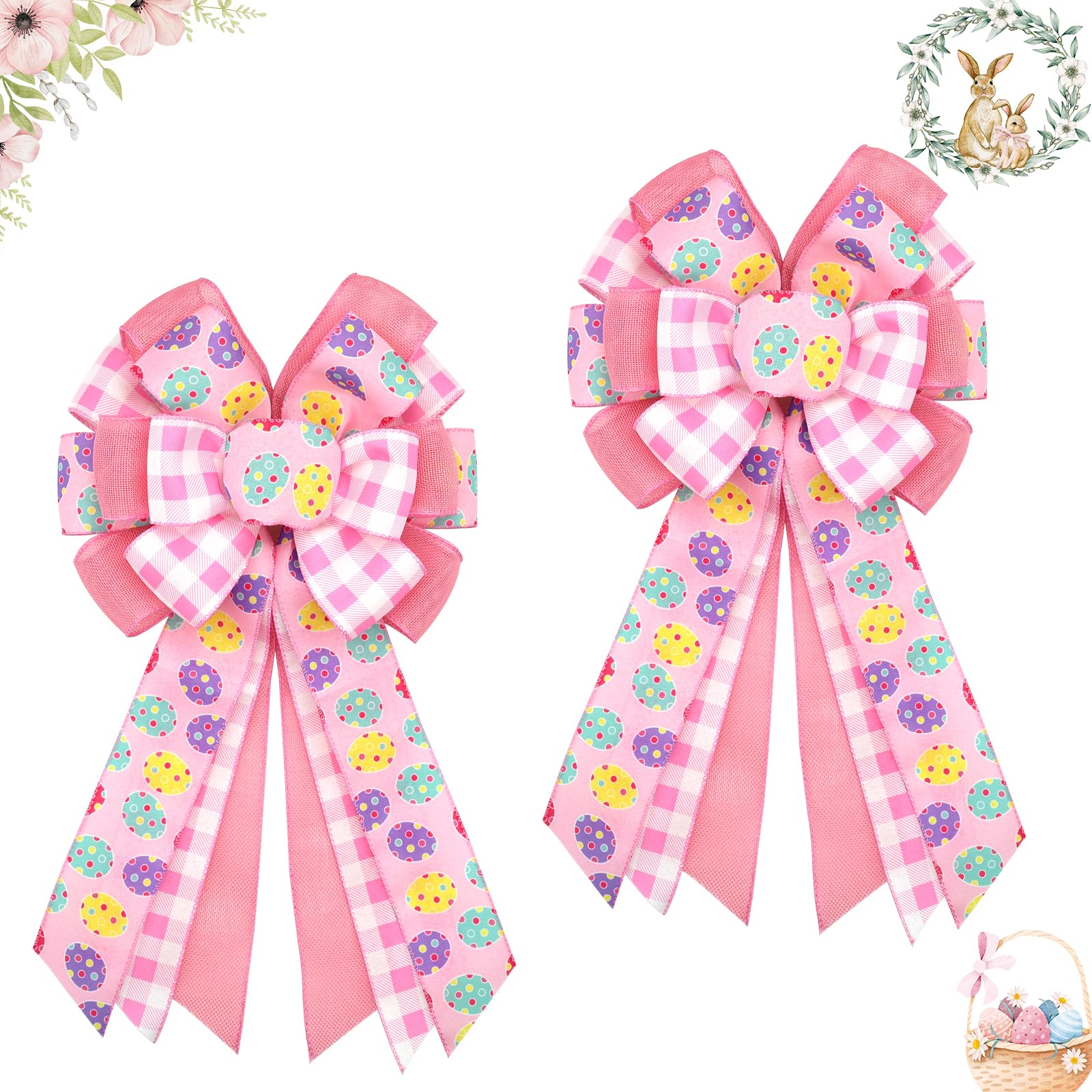 Large 20x11 Inch Easter Bows for Wreaths - 2 Pack Pre-Tied Wired Ribbon Bows for Easter Egg Decorations, Big Tree Topper & Front Door Decor - Perfect for Indoor/Outdoor Spring & Summer Decor (Pink)