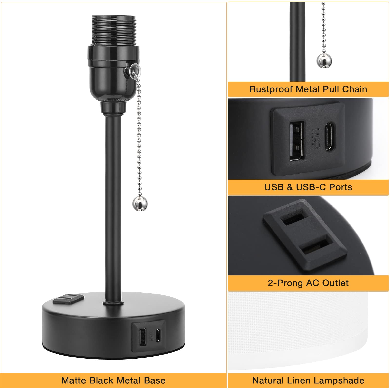 3-Color Temperature USB Bedside Lamp with USB-C/A Ports & AC Outlet - Pull Chain Nightstand Light for Bedroom, Kids Reading, Office Desk - White Modern Table Lamp with Black Metal Base (Dimmable, Space-Saving Design)