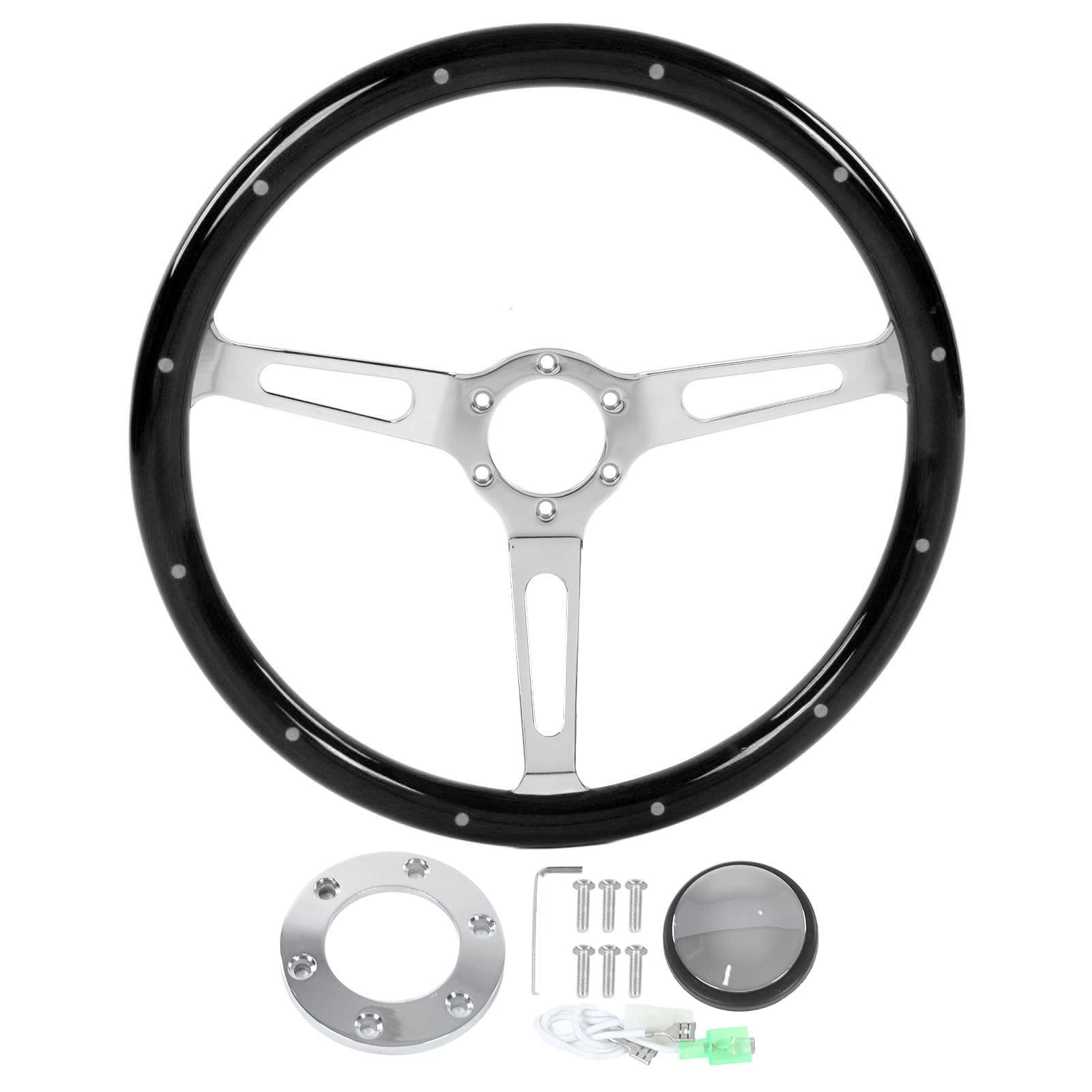 Emoshayoga Classic 15in Wood Steering Wheel - 3 Spoke Walnut Grip Retro Design Universal Fit for Car Modification (Black) | Perfect for Vintage Car Restoration & Custom Hot Rod Builds