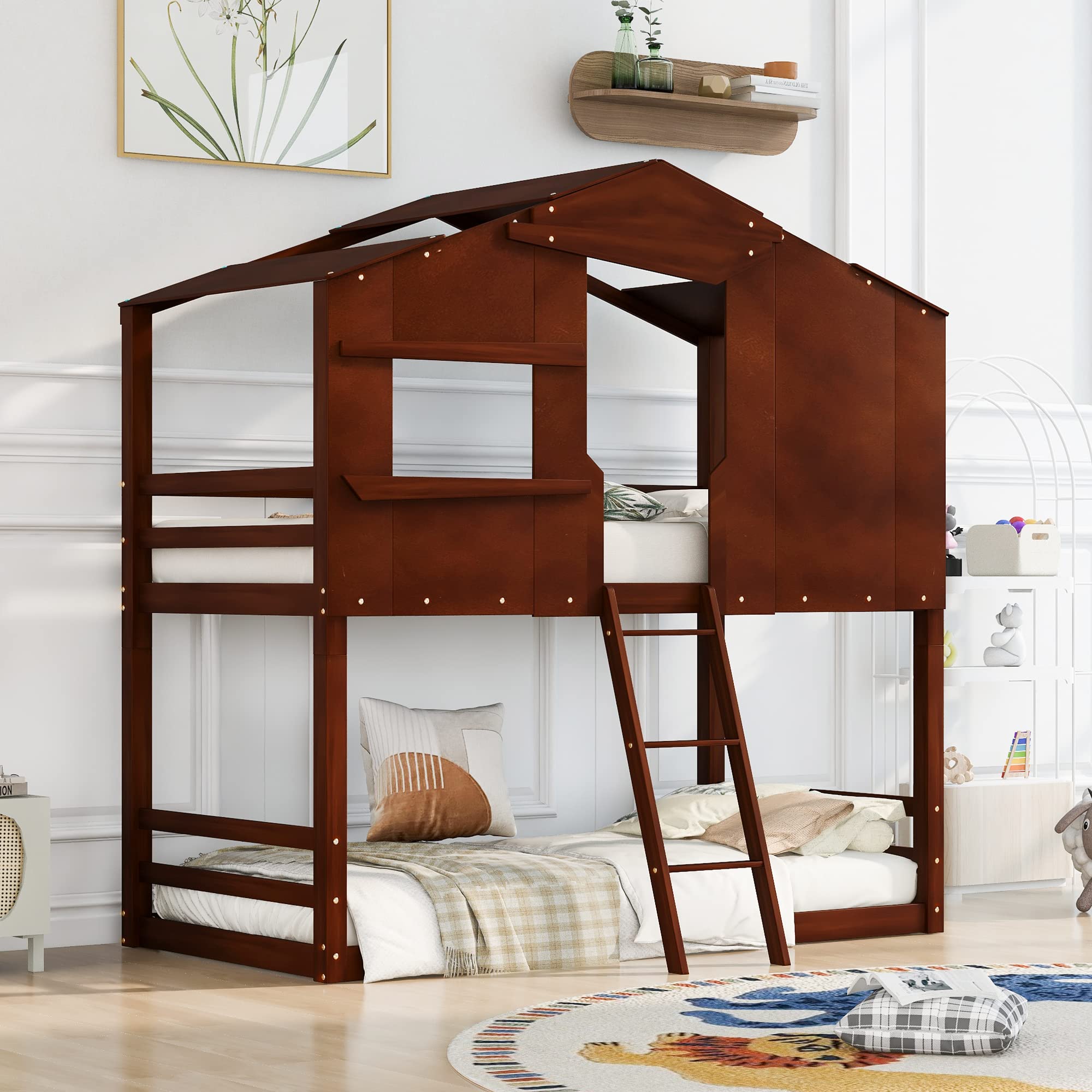 Polibi Twin Over Twin Wooden Bunk Bed with Roof, Window & Ladder - Kids Playhouse Style Loft Bed for Bedroom, Playroom & Sleepovers (SEO optimized)