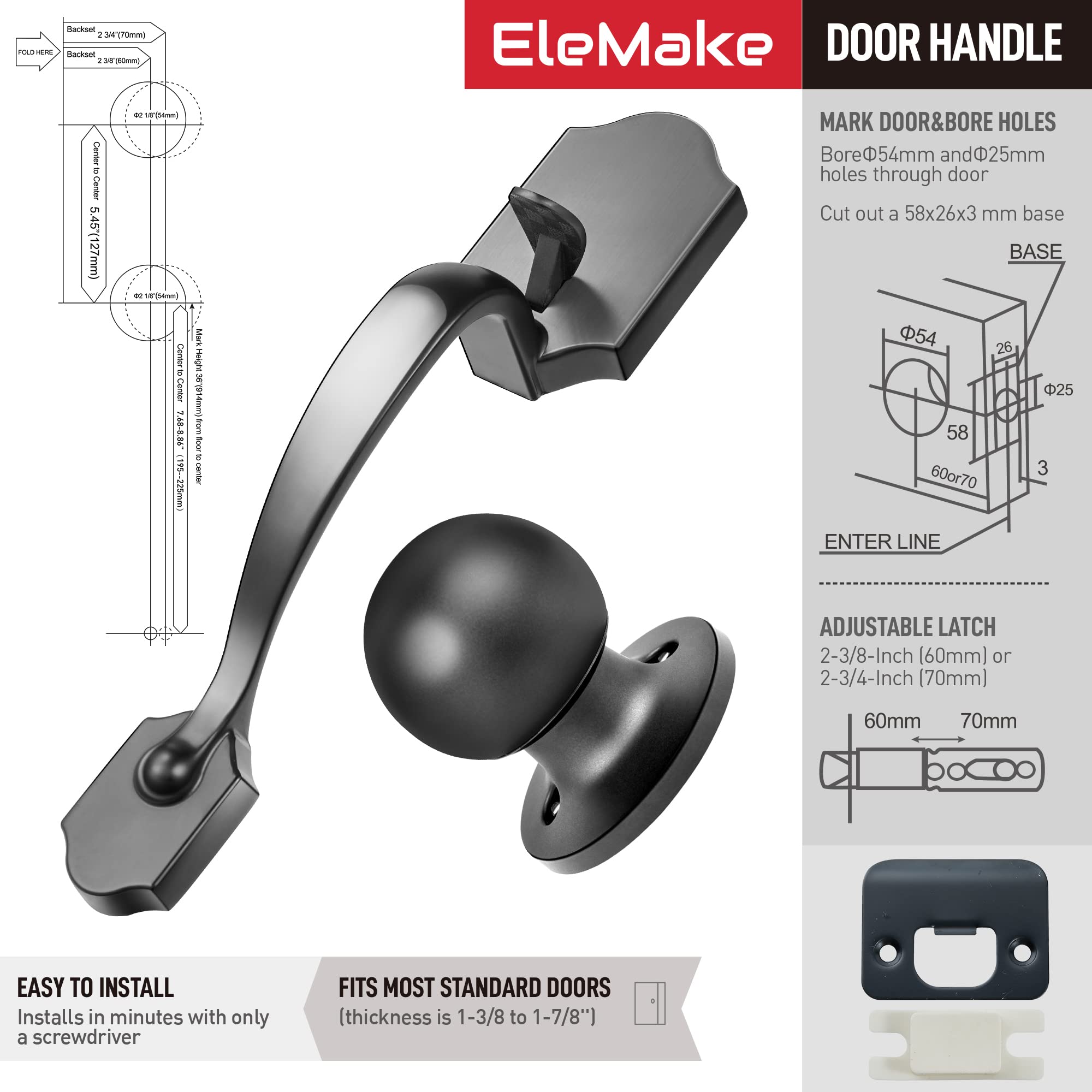 Premium 304 Stainless Steel Front Door Handle Lever & Knob Set - Black Exterior Door Lock for 1-3/8