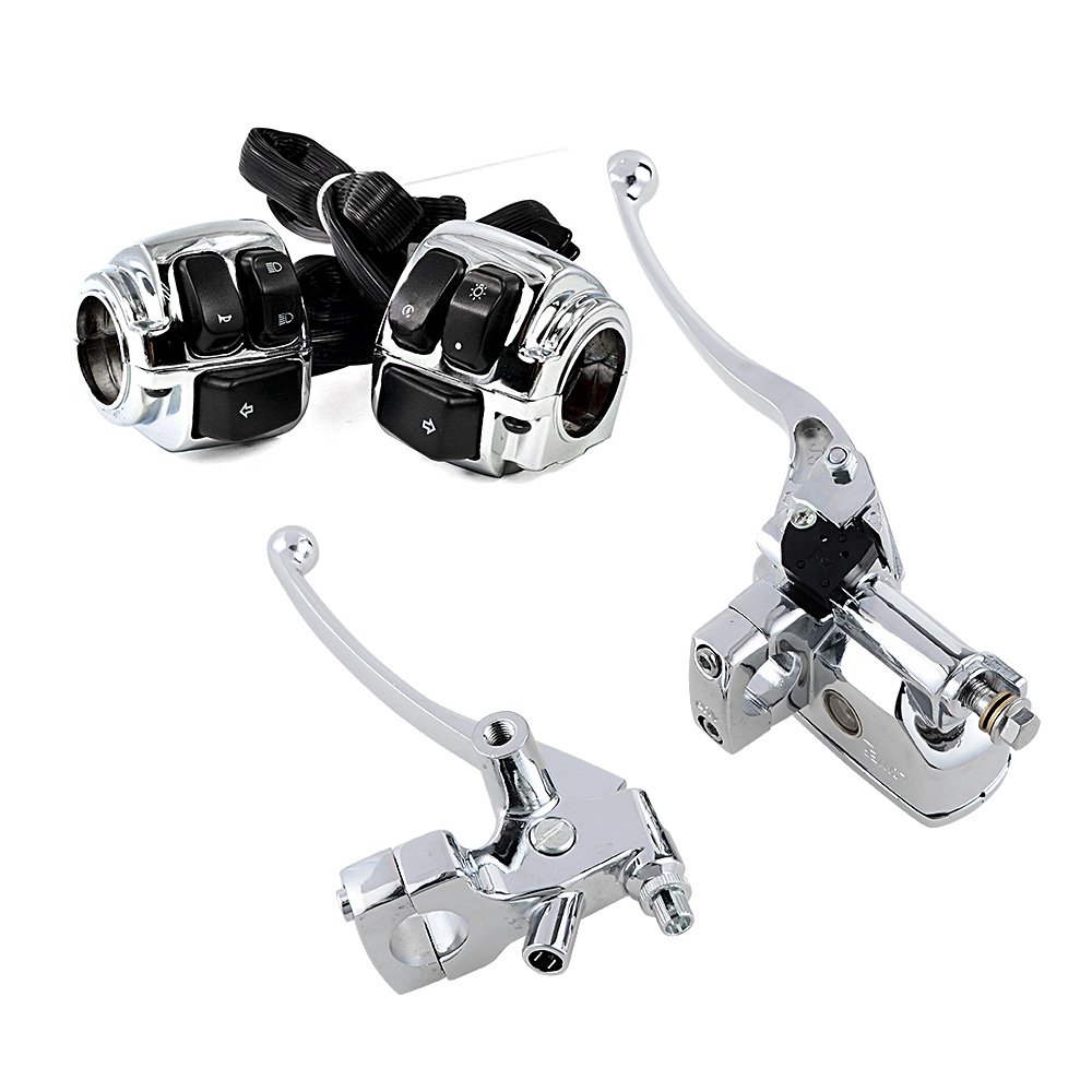 Chrome Switch Horn Turn Signal Headlight with Wiring Harness & Brake Clutch Levers - Compatible with 1996-2012 Harley Dyna Softail Sportster V-Rod 1