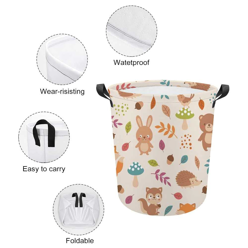 Waterproof Canvas Laundry Hamper Basket with Handles - Foldable Woodland Animals Toy Storage Organizer for Kids Room, Nursery, or Playroom | Durable Clothes Bin for Home Organization