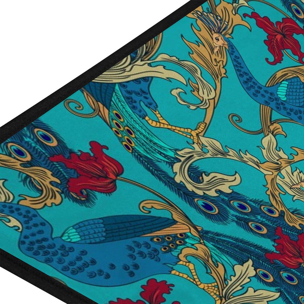 Non-Slip Soft Plush Memory Foam Kitchen & Bathroom Rug - Tropical Peacock Bird Flower Design, Blue, Extra Thick, Machine Washable, 39x20 Inch - Perfect for Bathroom Floor, Kitchen Sink Area, and Entryway Decor
