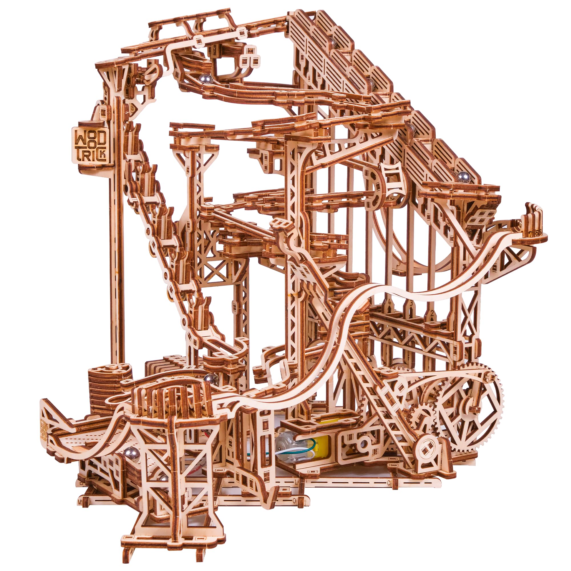 Wooden Marble Run Spiral Electric Motorized 3D Puzzle Kit - DIY Roller Coaster Mechanical Model for Adults & Teens (13x13) - Fun STEM Building Toy for Family Game Night & Educational Play