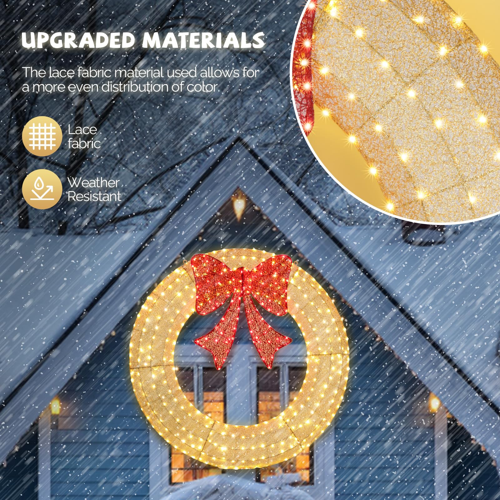 VINGLI 60 Inch Pre-lit Large Christmas Wreath with 400 LED Lights - Gold Holiday Decor with Red Bow, Timer & Remote Control - Outdoor Christmas Wreath for Garage Door, Porch & Holiday Decorations