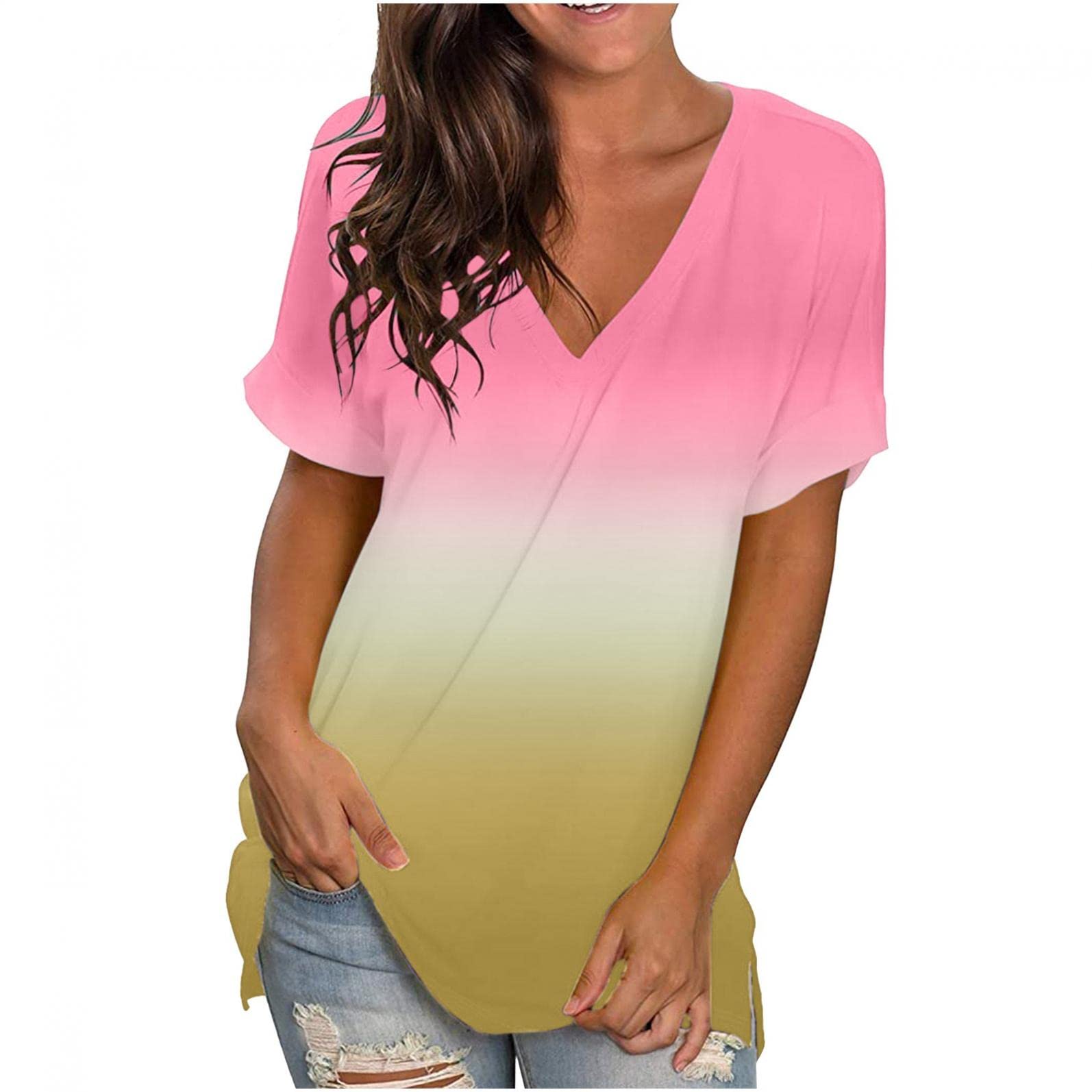 Women's Casual Short Sleeve V-Neck Gradient Print Blouse - Summer Loose Pullover T-Shirt Top for Everyday Wear, Beach Outings & Weekend Outfits