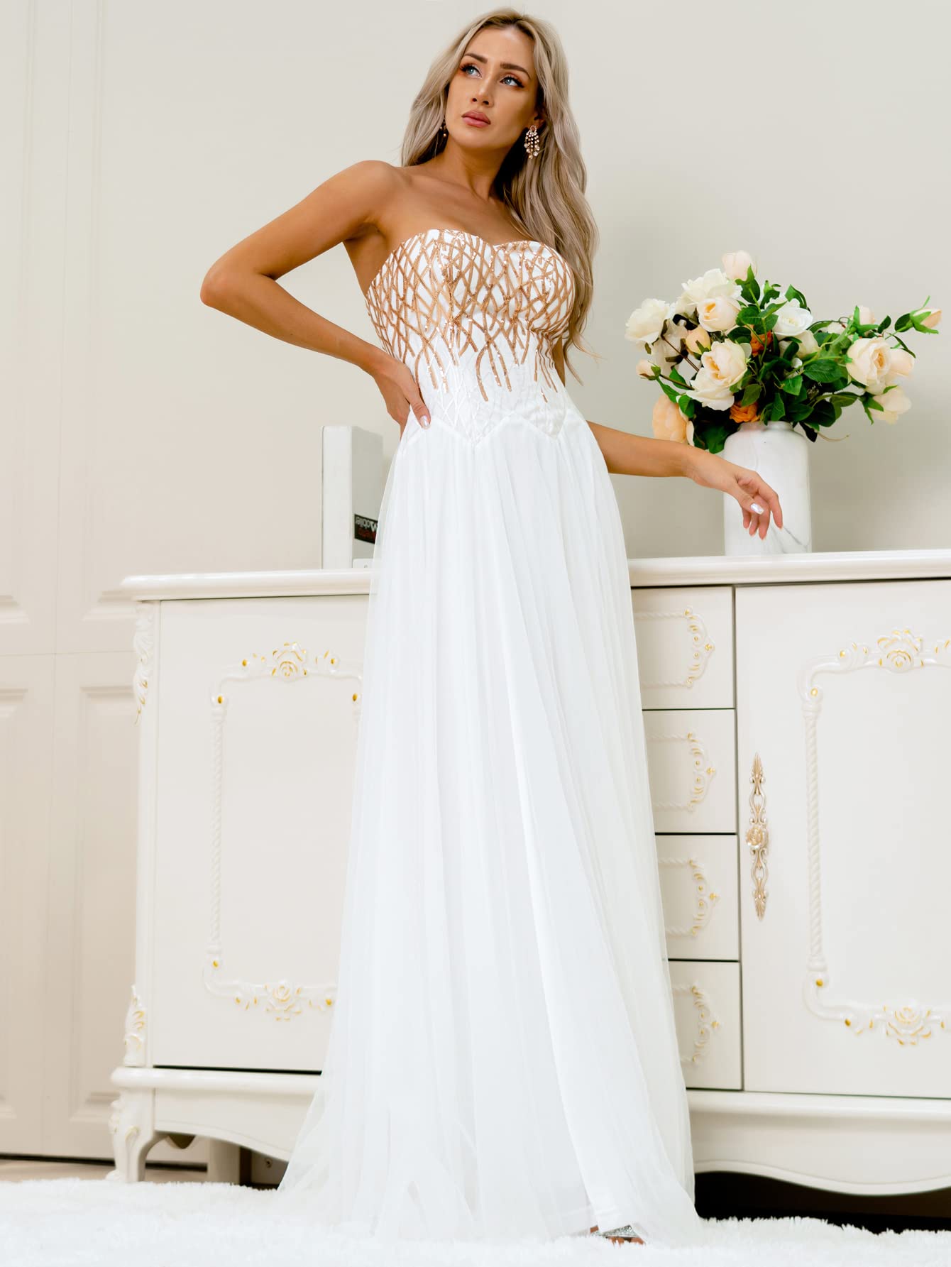 Sparkling Sequin Off Shoulder Mesh Long Wedding Dress for Bride - Perfect for Beach, Church and Formal Bridal Ceremonies