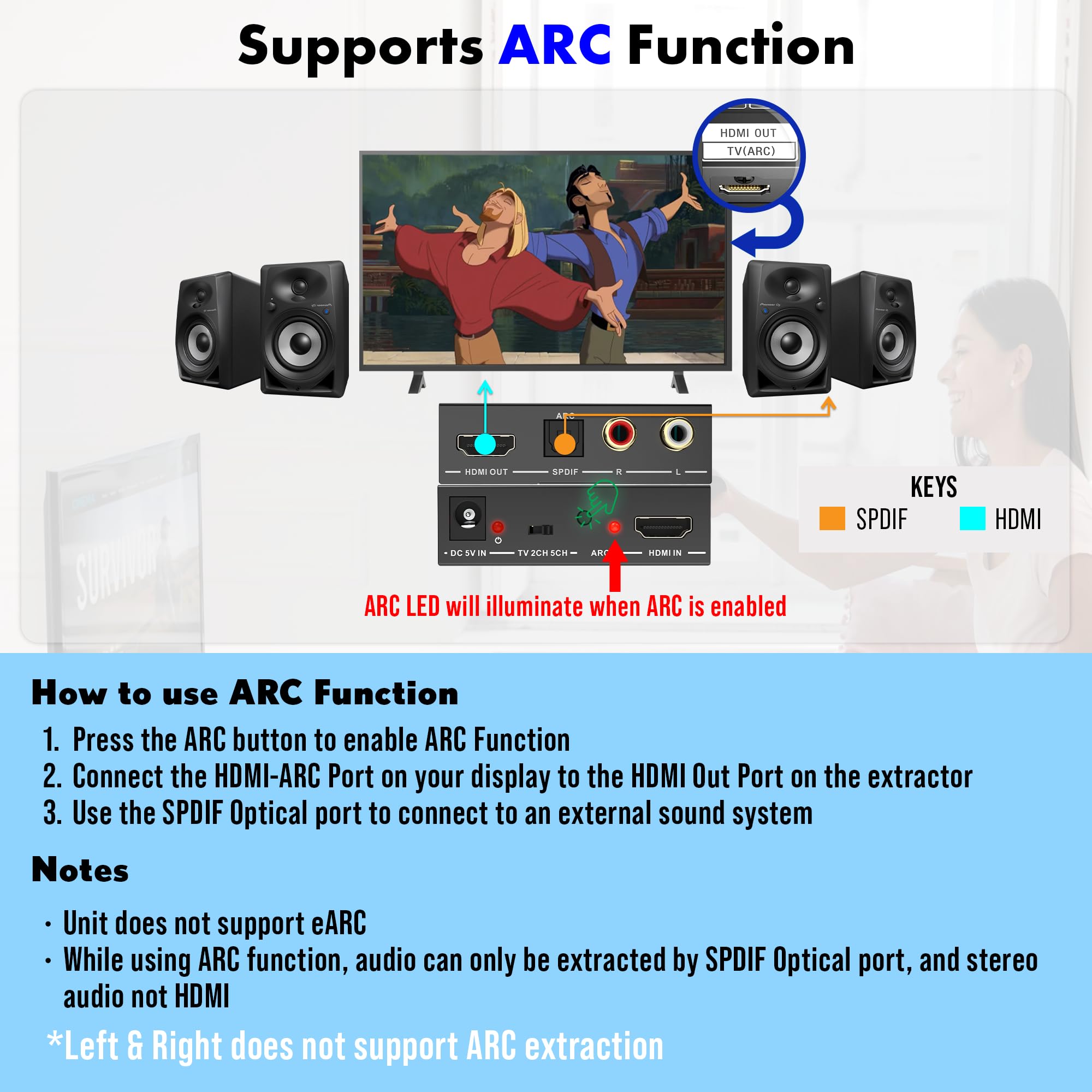 J-Tech Digital HDMI Audio Extractor 4K 60Hz with ARC Support | HDMI to RCA/Optical Converter | Dolby Digital DTS Stereo Audio | Compatible with Laptop, Blu-Ray, PS5, Xbox, Nintendo Switch | Perfect for Home Theater & Gaming Setup (JTECH-AE4KA)