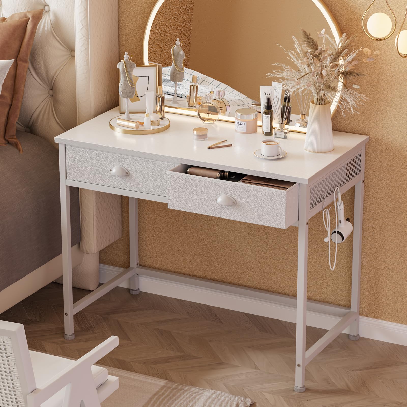 Furologee 36 Inch White Small Computer Desk with 2 Fabric Drawers - Simple Home Office Writing Desk, Vanity Desk with Hooks - Study Desk for Bedroom, Small Spaces - Perfect for Remote Work, Online Classes & Home Office Setup