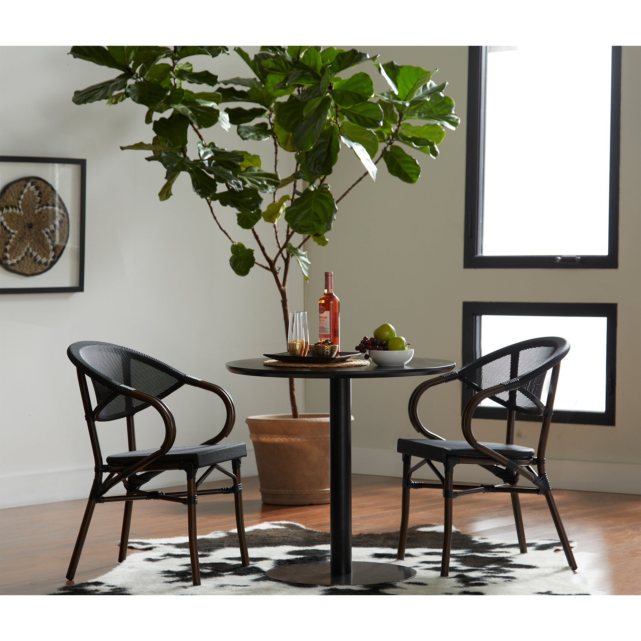 Jannie Stacking Armchair Set of 2 - Black Mesh & Brown Wood Frame Modern Dining Chairs 90392BLK - Perfect for Restaurants, Cafes, and Home Dining Rooms