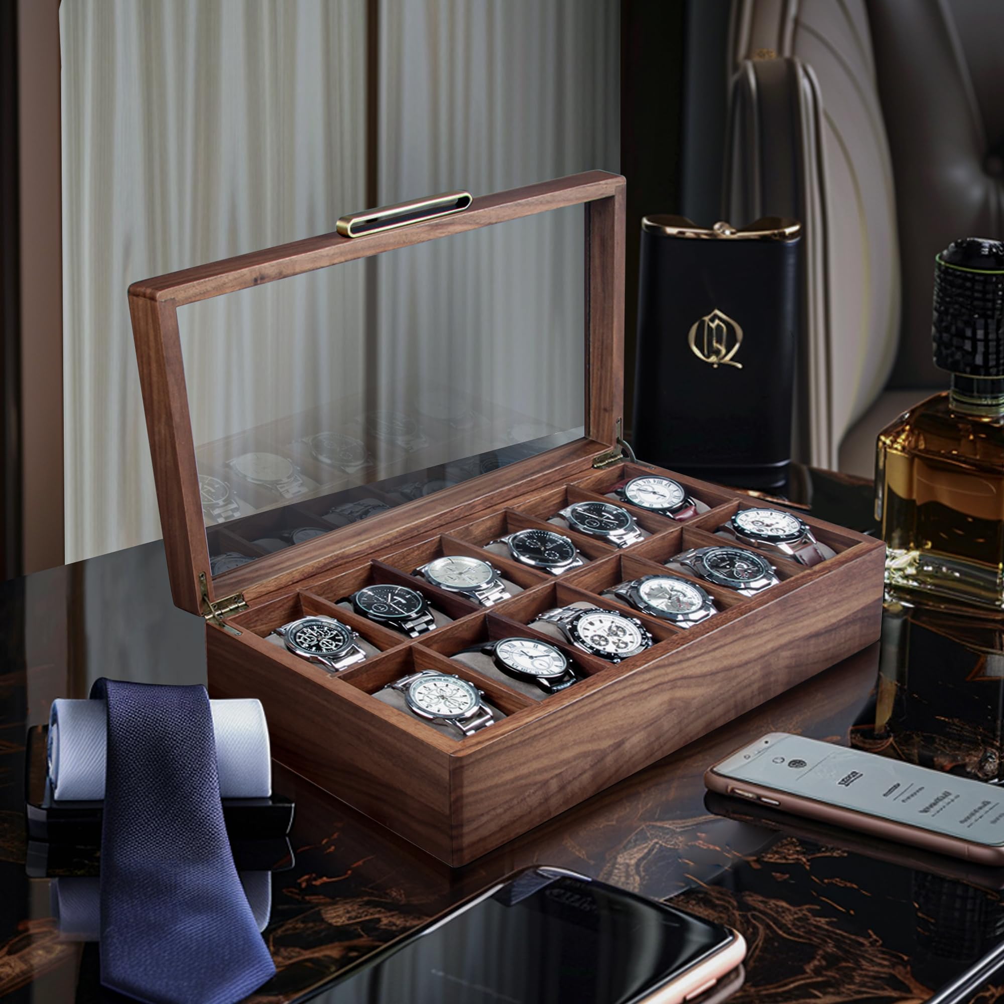 Premium Black Walnut Wood Watch Case for Men - 12-Slot Luxury Watch Box with Glass Lid & Soft Watch Pillows | Elegant Watch Holder, Display Case & Storage Organizer | Perfect for Watch Collectors, Gifts & Home Décor