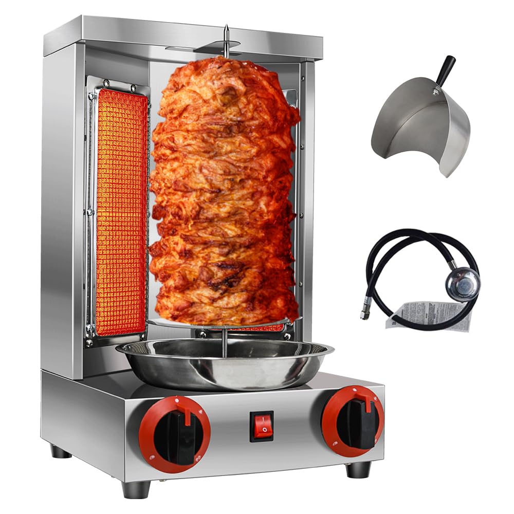 Li Zhen Commercial Gas Vertical Shawarma Doner Kebab Grill Machine - 2 Burner Propane Rotisserie Broiler with Meat Catch Pan (Patented) for Restaurants, Food Trucks & Catering Events