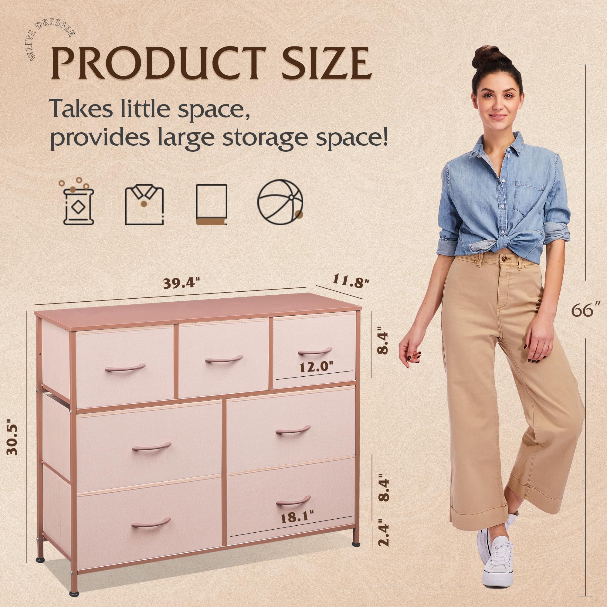 WLIVE 7-Drawer Dresser TV Stand with Metal Frame & Wood Top - Entertainment Center & Media Console for TVs up to 45 Inches - Chest of Drawers for Bedroom & Living Room (Pink) - Perfect for Small Spaces, Apartment Living & Home Organization
