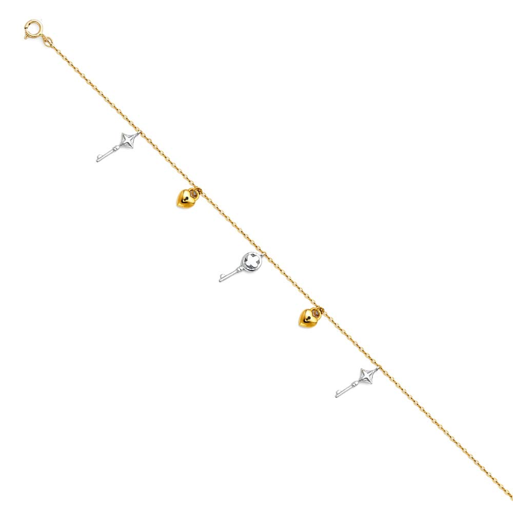 14K Yellow Gold, White Gold & Rose Gold Hanging Charm Pendant Necklace & Bracelet Set - 7 Inch Dainty Jewelry Gift for Women, Girls, Brides | Birthday, Anniversary, Valentine's Day Present