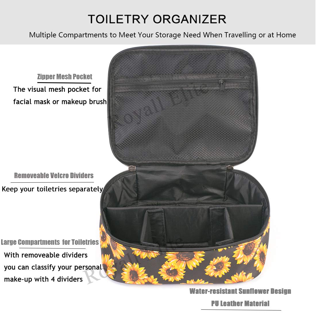 **Large Waterproof Sunflower Printed Makeup Bag - Travel Cosmetic Organizer with Gold Zipper for Brushes & Toiletries | Perfect for Women's Travel, Gym, or Daily Essentials Storage**