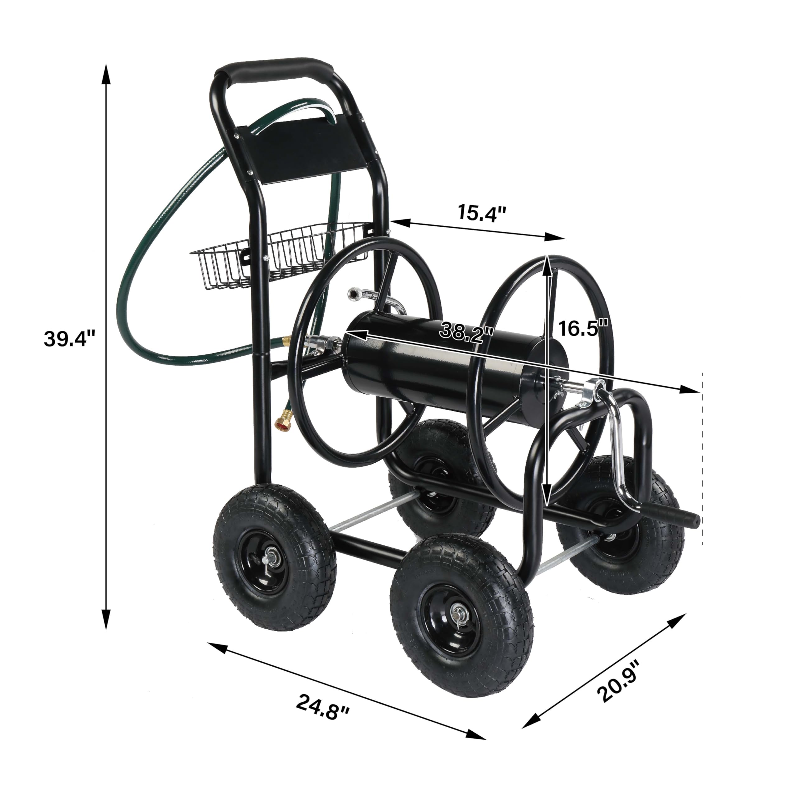 VINGLI 4-Wheel Heavy Duty Garden Hose Reel Cart with Storage Basket - Portable Outdoor Water Hose Holder for Lawn, Backyard, Farm & Yard Irrigation - Perfect for Watering Plants, Washing Cars & Outdoor Cleaning