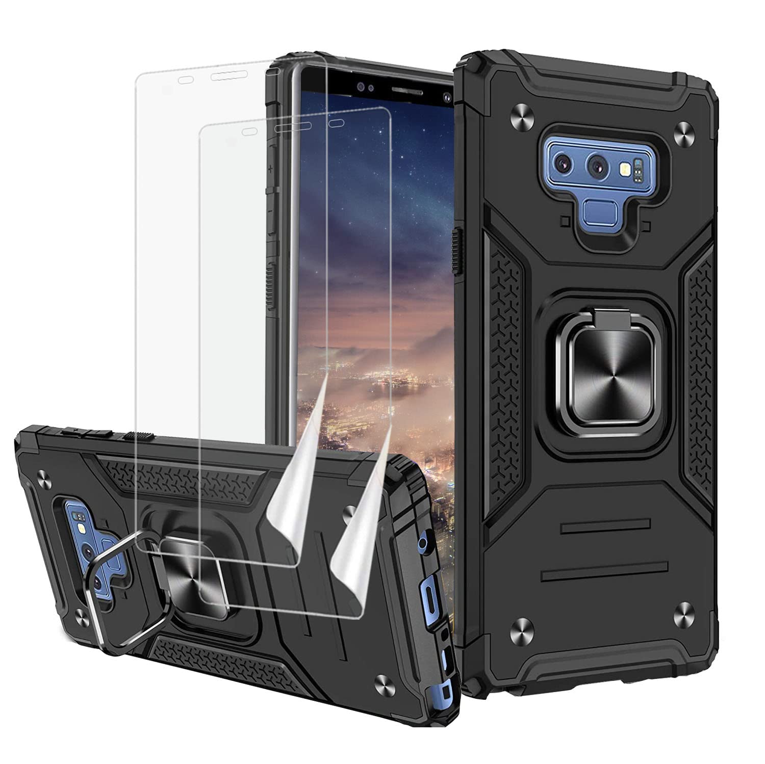 YaHan 2 Pack Samsung Galaxy Note 9 Case with 360° Rotating Ring Kickstand - Heavy Duty Dual Layer Shockproof Defender Cover with Screen Protector (Black) - Perfect for Work, Travel & Outdoor Activities