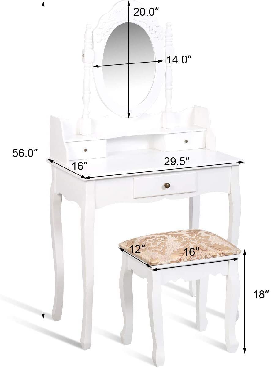 Byroce Vanity Desk Set with Oval Mirror & Cushioned Stool - White Makeup Dressing Table with 3 Drawers for Women & Girls | Perfect for Bedroom, Dorm Room, and Beauty Salon Decor