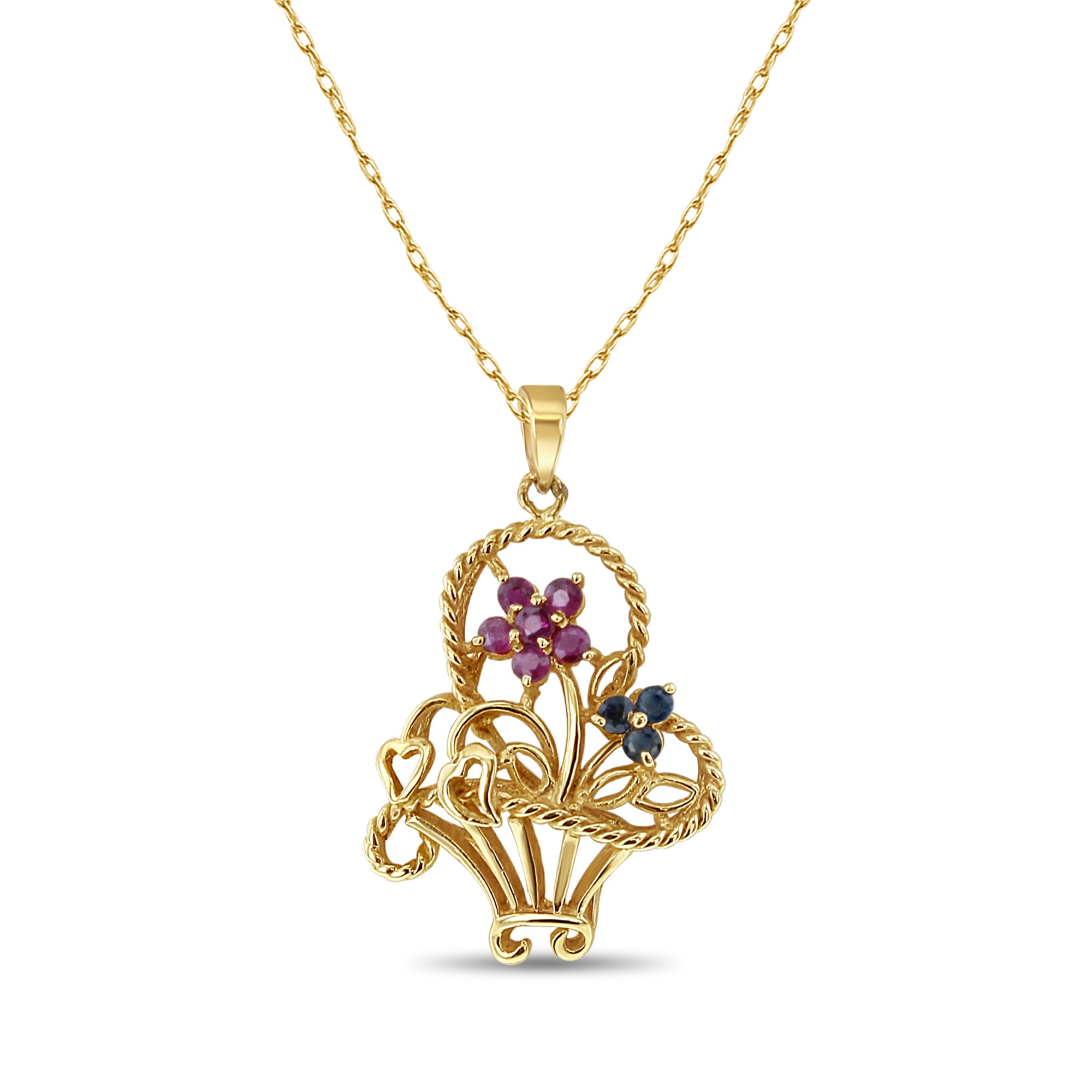 14k Yellow Gold Ruby & Sapphire Floral Basket Necklace - Elegant Jewelry for Women, Perfect Gift for Birthday, Anniversary & Special Occasions