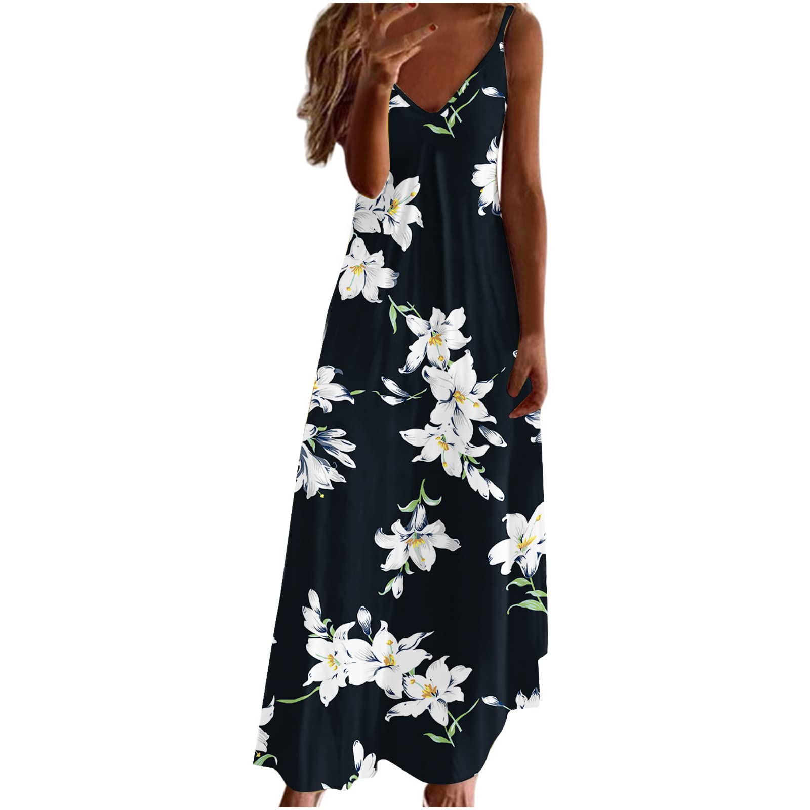 Anuyalue Women's Summer Maxi Dress 2022 - Casual Sleeveless Spaghetti Strap Boho Floral Beach Dress with Sexy V Neck | Perfect for Vacations, Beach Outings & Summer Parties