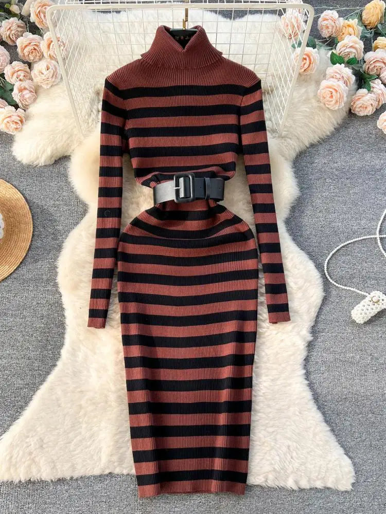 Women's French Style Autumn Winter Patchwork Stripe Knit Long Dress - Medium Length High Neck Warm Loose Slim Sweater Dress for Casual Outings & Holiday Parties