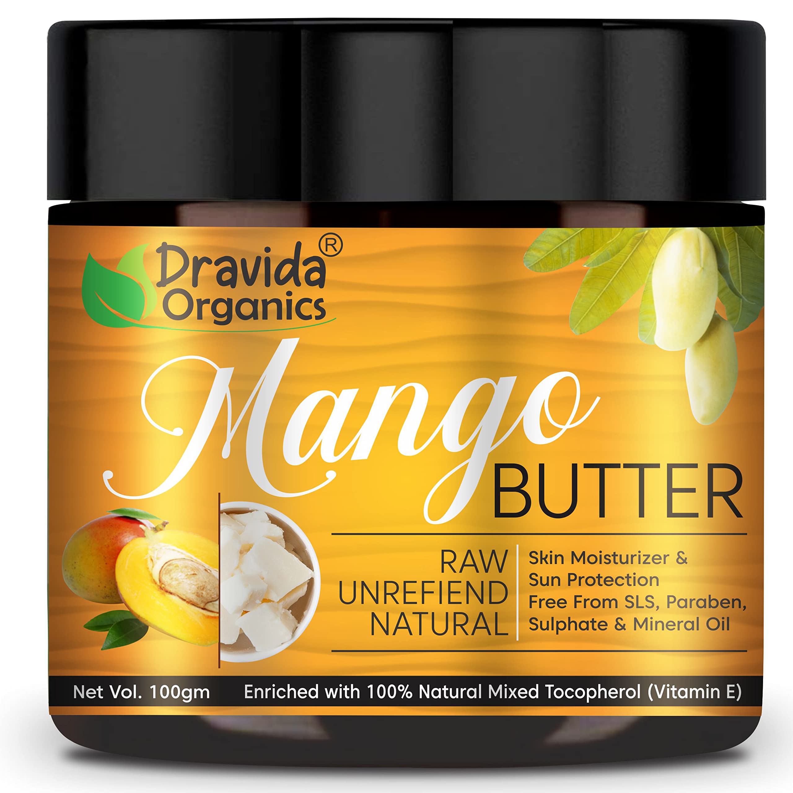 Dravida Organics Mango Body Butter - 100% Natural, Paraben-Free, Silicone-Free, No Mineral Oil or Artificial Colors - 100 gm - Deep Hydration for Dry Skin, Perfect for Daily Moisturizing & Spa Treatments