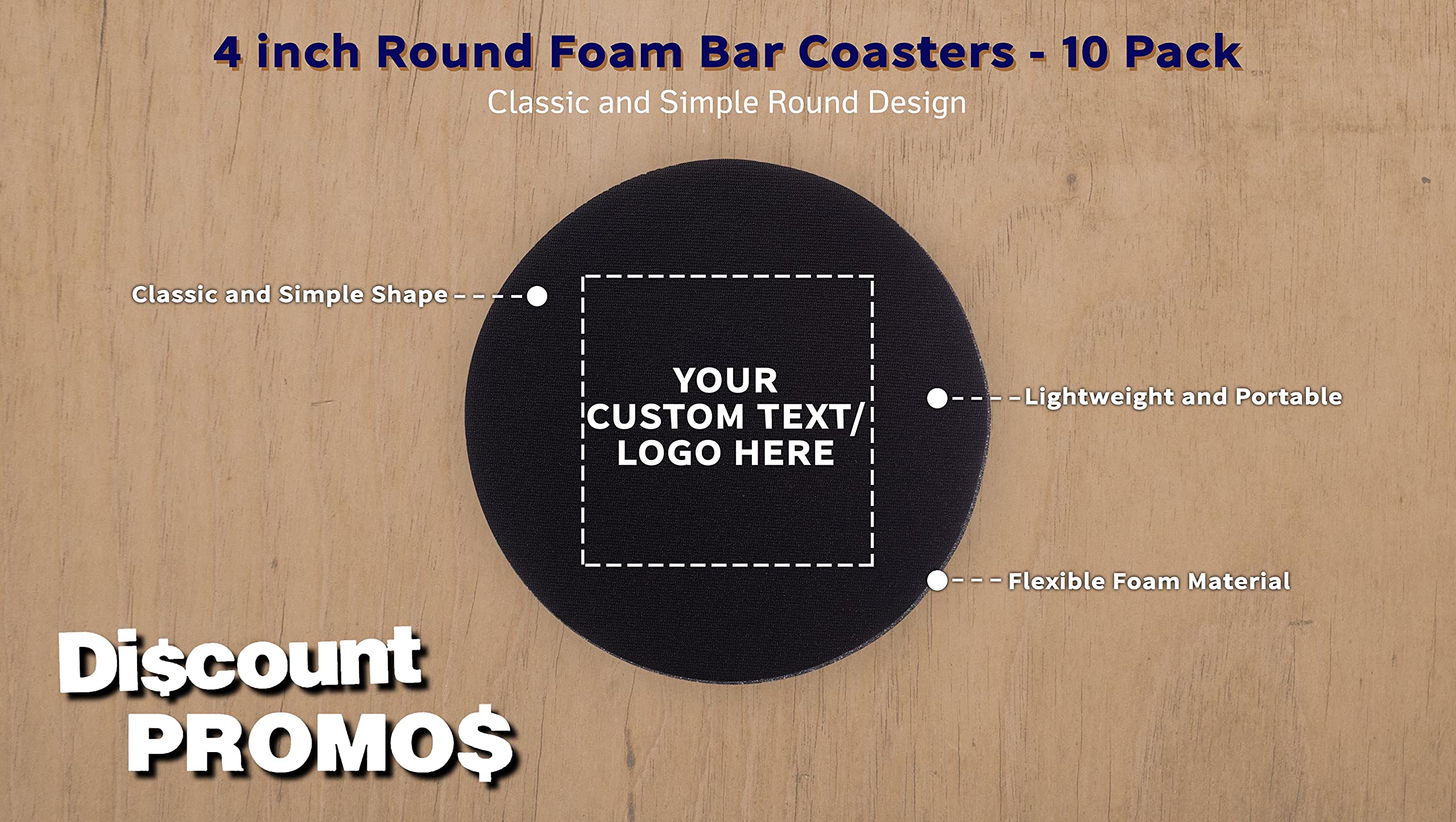 10 Pack 4 Inch Round PU Foam Drink Coasters - Custom Printed with Text & Logo - Waterproof Bar Coasters for Parties, Weddings, Home & Office Use - Black (Set of 10)