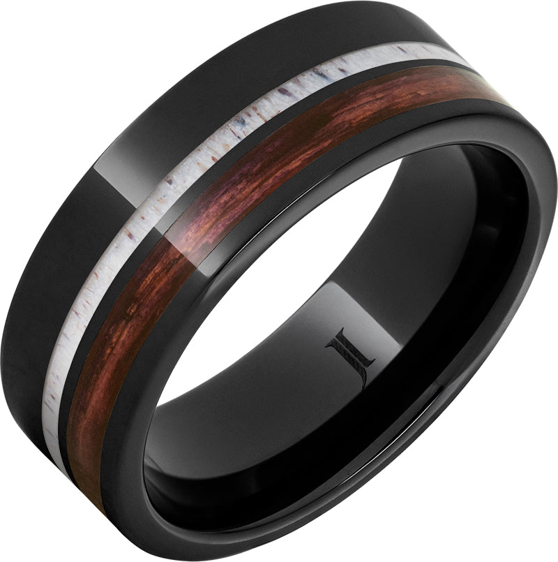 Barrel Aged Black Diamond Ceramic Ring with Cabernet Wood & Deer Antler Inlays - Luxury Men's Wedding Band for Outdoor Enthusiasts & Nature Lovers