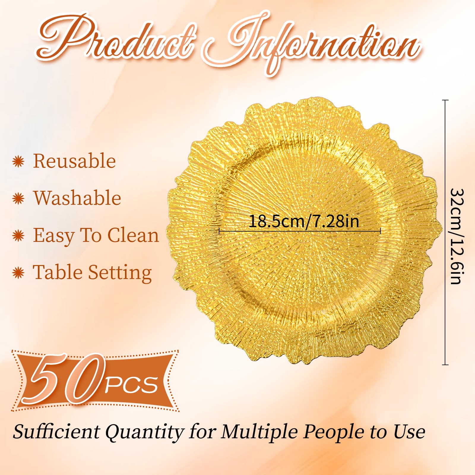 50 Pcs Gold Plastic Charger Plates 12.6 Inch - Floral Reef Design with Ruffled Rim for Dinner Plates, Christmas, Thanksgiving, Wedding & Party Events - Elegant Table Setting for Holiday Dining & Special Occasions