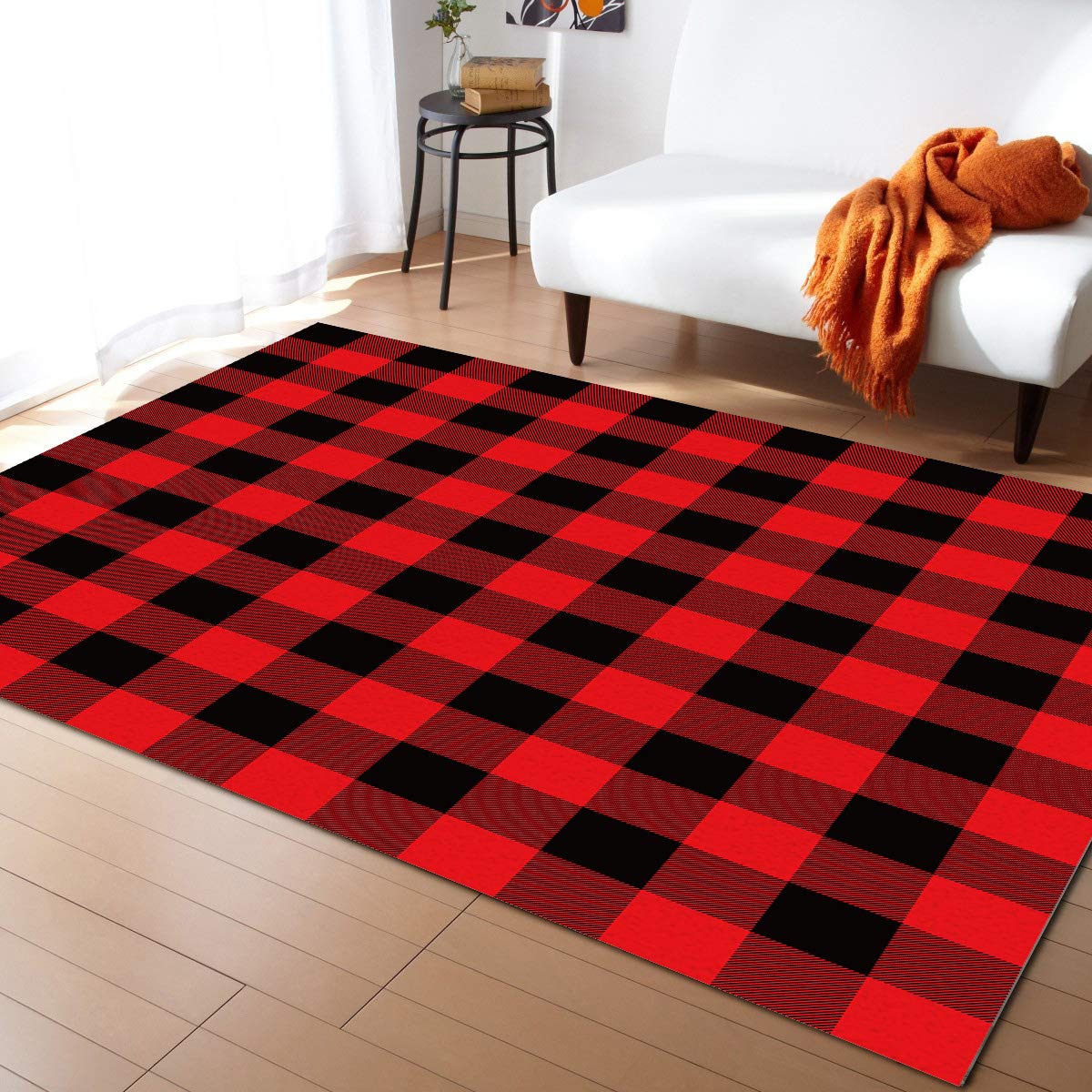 Rustic Red Black Buffalo Plaid Area Runner Rug 4'x7' - Washable Indoor Outdoor Rug for Kitchen, Living Room, Bathroom, Bedroom, Classroom & Laundry Room - Perfect as Welcome Mat, Door Mat or Desk Floor Mat for Cozy Home Decor