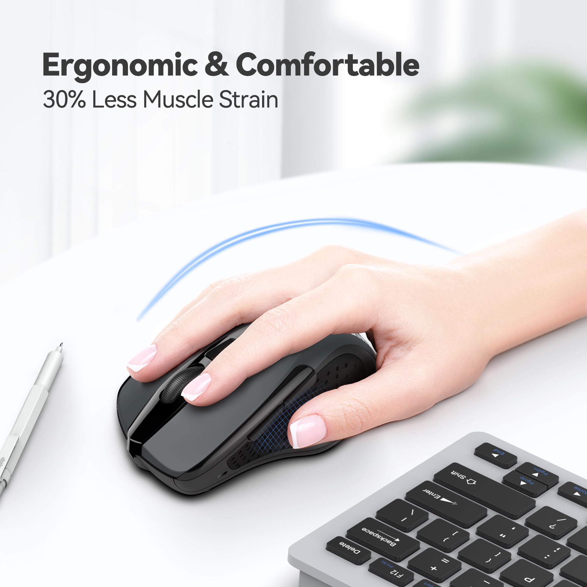 TECKNET Wireless Ergonomic Mouse - 2.4G Optical Computer Mouse for Laptop, PC, Chromebook, Notebook - 6 Buttons, 2600 DPI, 5 Adjustable Levels, 24-Month Battery Life - Ideal for Office, Home, and Gaming Use